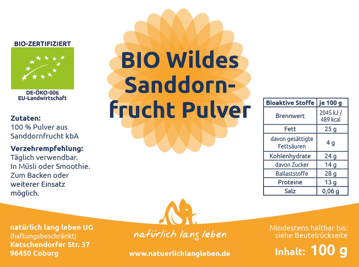 Etikett mit Produktinformationen. BIO Wildes Sanddornfrucht Pulver. Zutaten, Nährwertangaben und Bio-Zertifizierung.