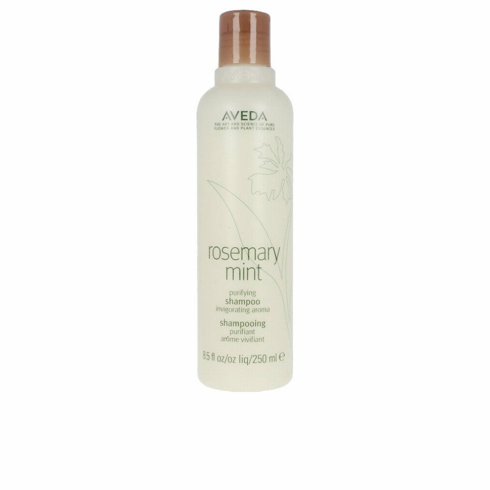 Aveda Shampoo-Flasche. Weißes Etikett mit Text: Rosemary Mint, Shampoo. Brauner Deckel. 250 ml.