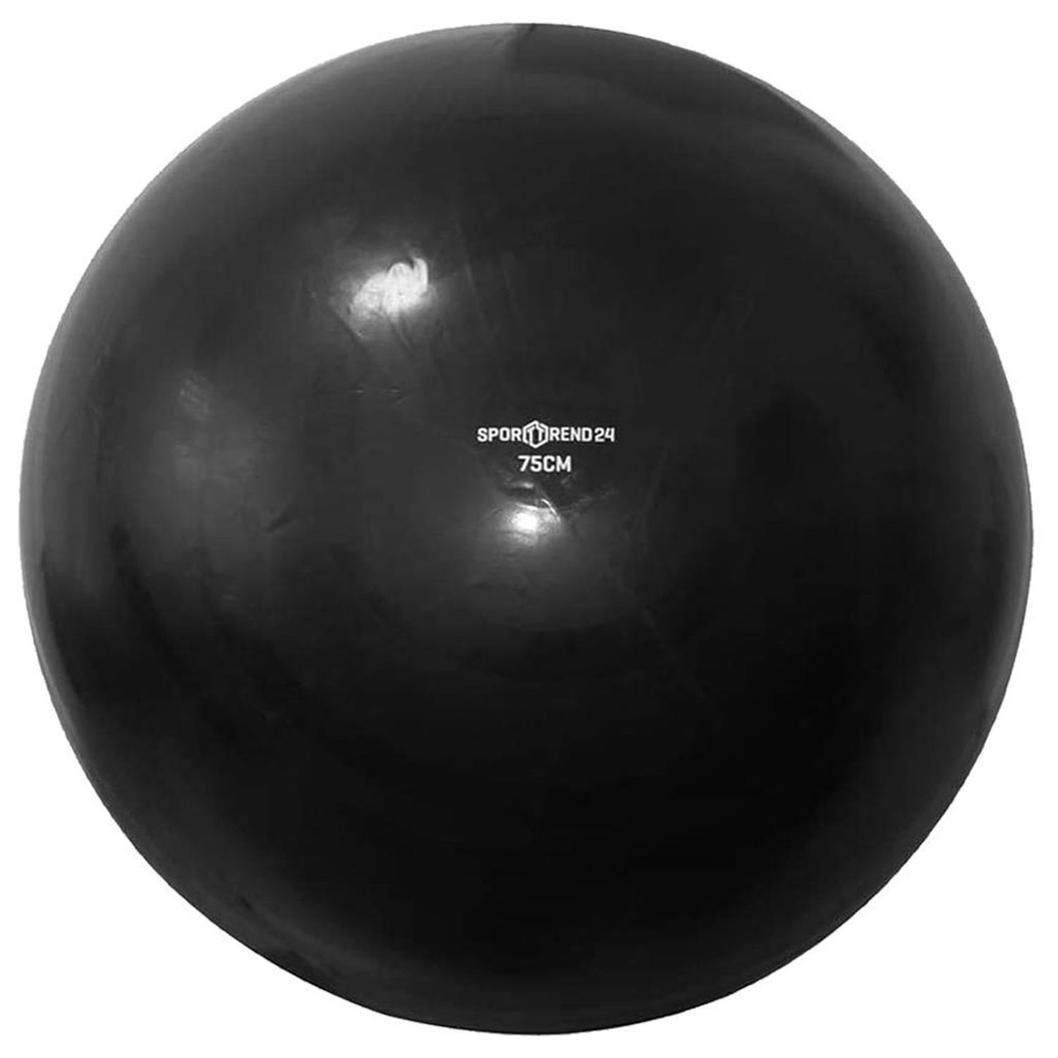 Schwarzer Gymnastikball mit Aufdruck "Sporttrend24 75cm". Der Ball ist rund.