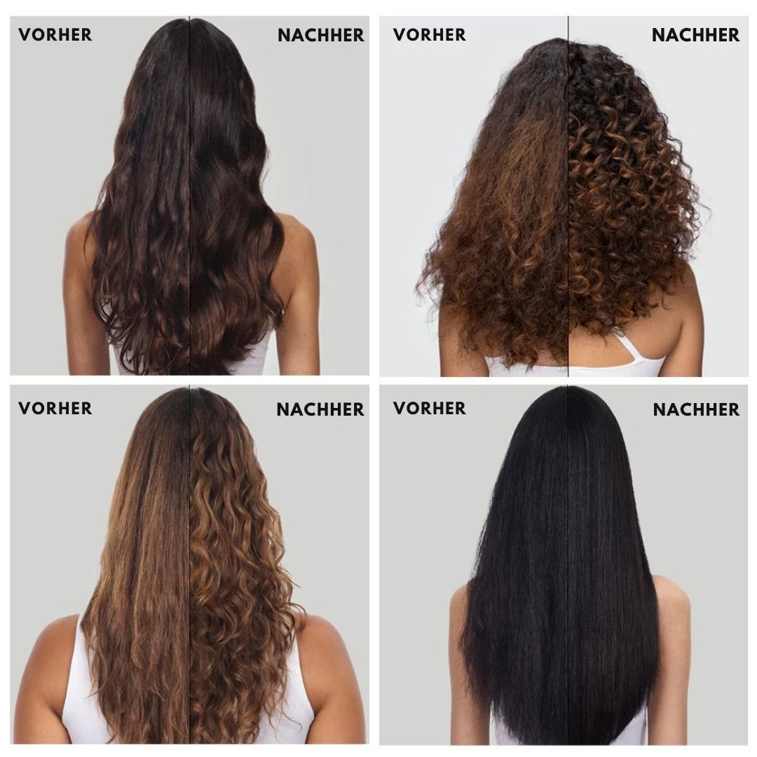 Vorher-Nachher-Vergleich von vier Haartypen. Gezeigt werden glattes, welliges, lockiges und sehr lockiges Haar.