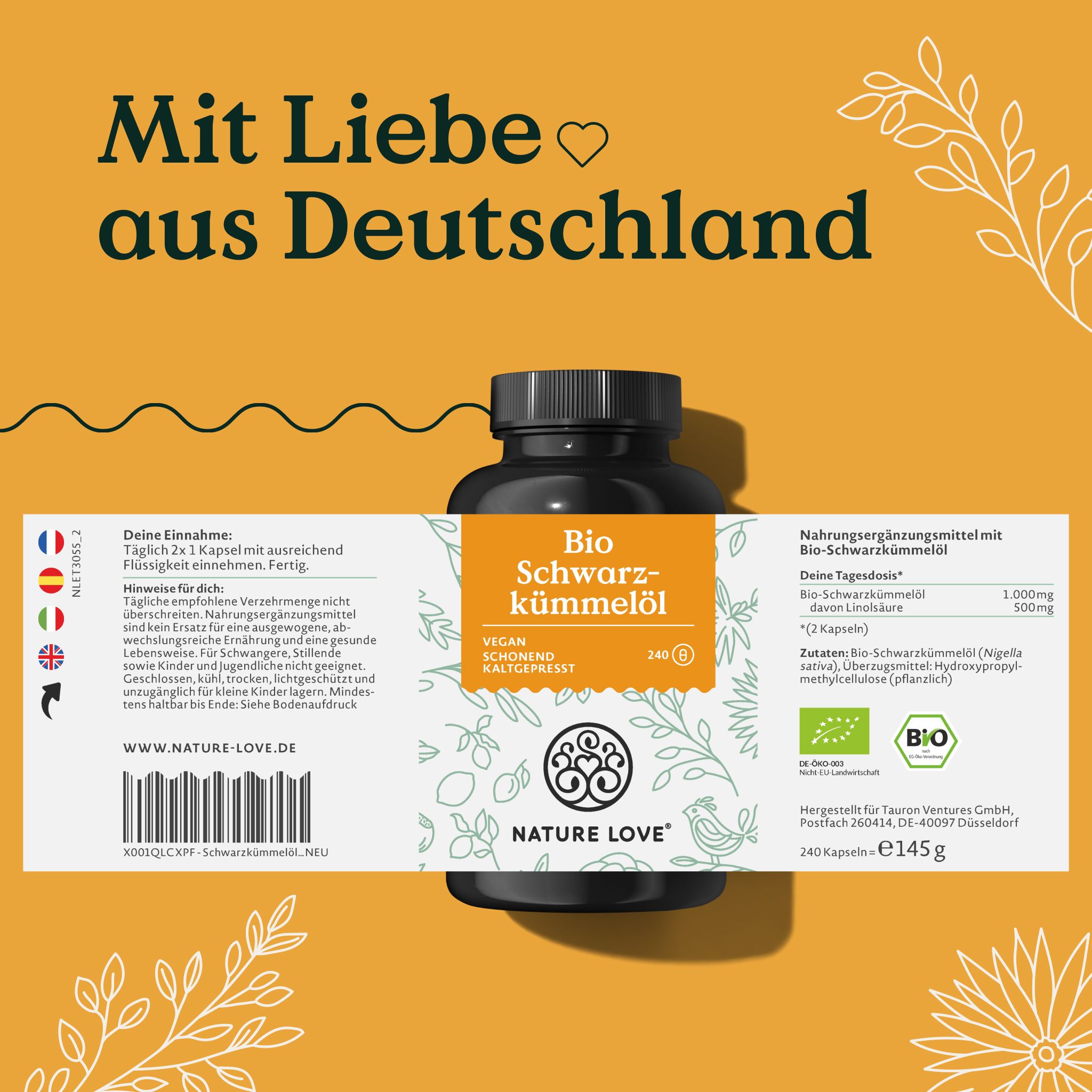Schwarze Kapsel-Dose mit gelbem Etikett. Aufschrift: Bio Schwarzkümmelöl. Text: Nahrungsergänzungsmittel. Mit Liebe aus Deutschland.