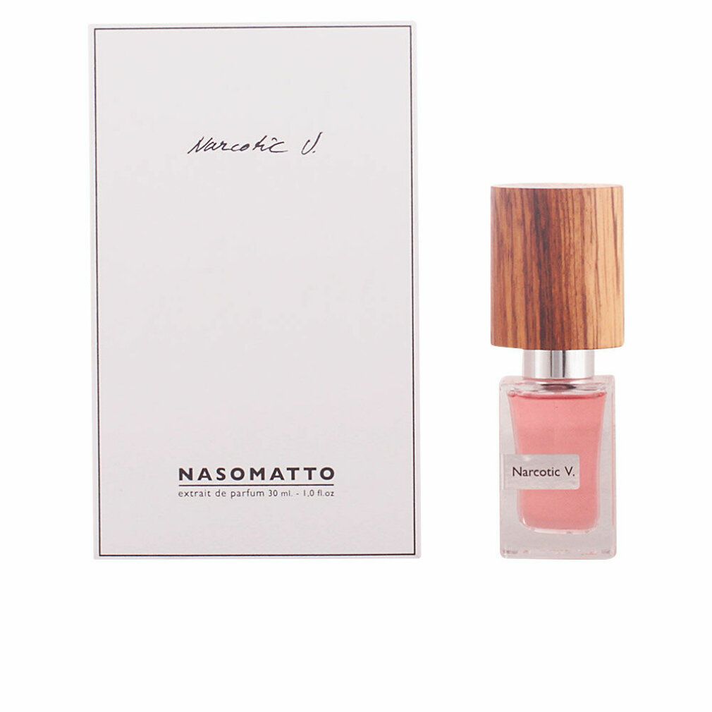 Nasomatto Narcotic V. Extrait de Parfum und Verpackung. Weißer Karton mit Logo und Text.