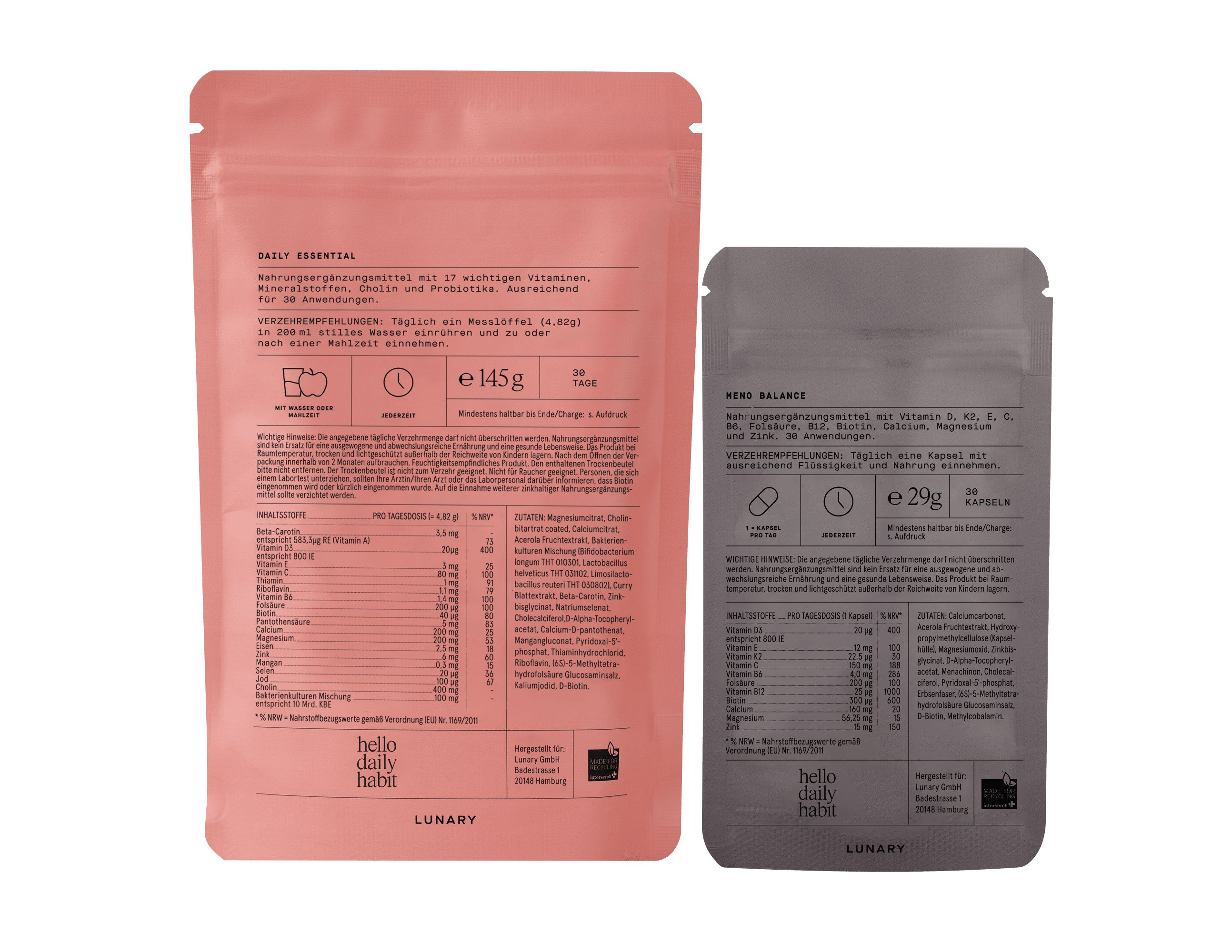 LUNARY Meno Balance Set - für Frauen während der Wechseljahre, Pulver + Kapseln für 30 Tage