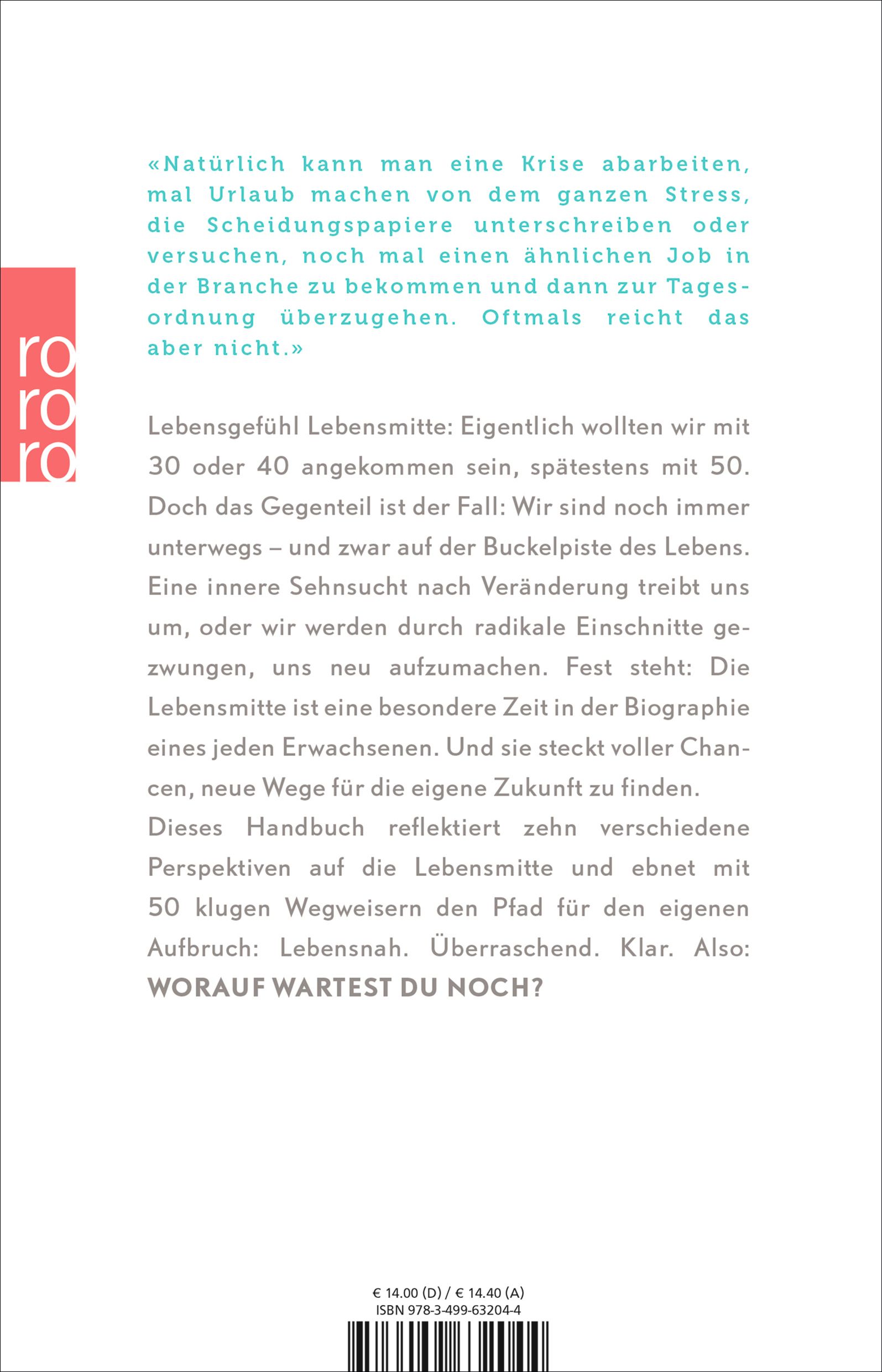 Buchrückseite mit Text. Titel: Worauf wartest du noch? Autor: Antje Gardyan. Verlag: roro. ISBN-Code.