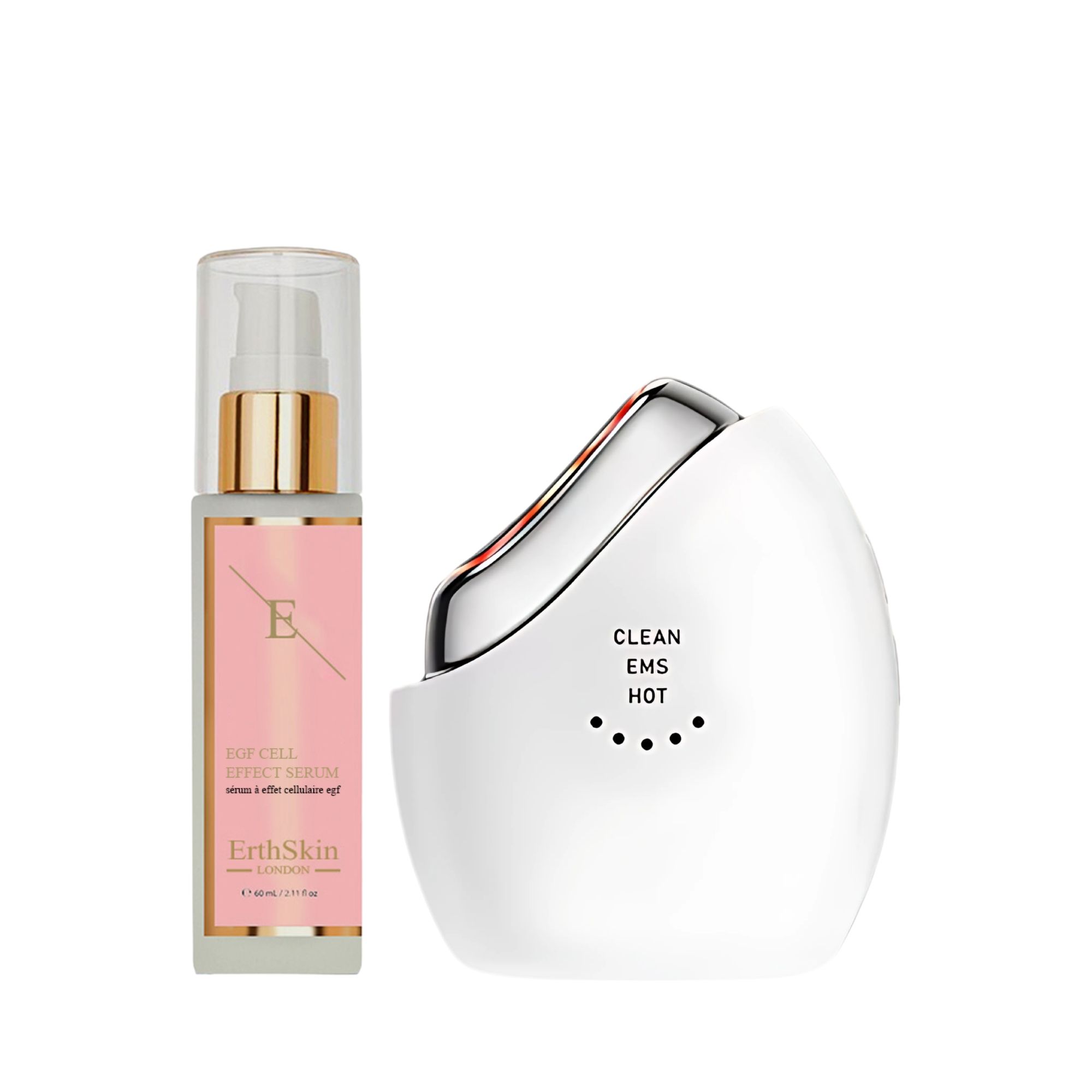 Ein weißes EMS-Gerät mit silbernen Akzenten und einem Pumpspender mit rosa Serum.