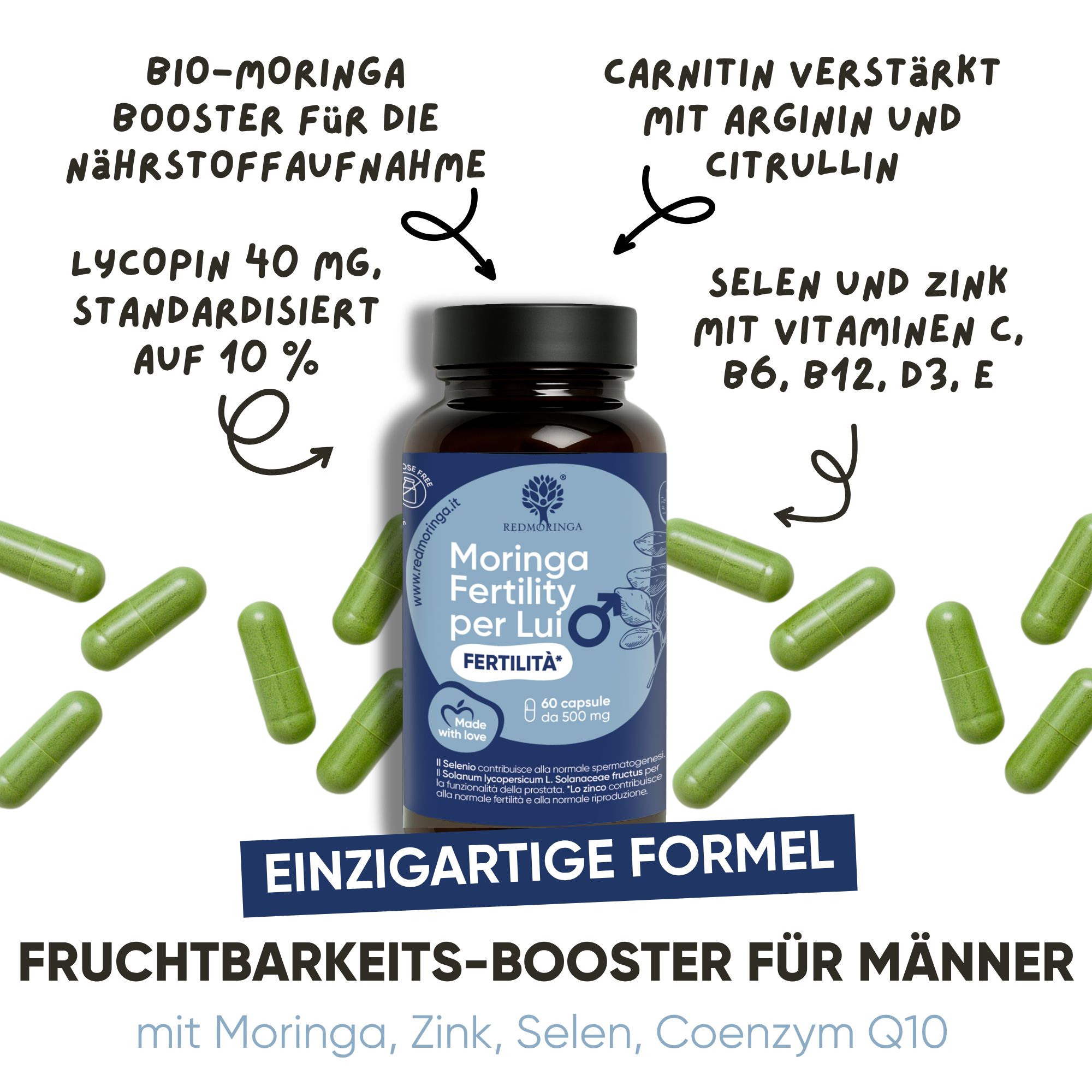 Flasche mit Kapseln, umgeben von grünen Kapseln. Text: "Einzigartige Formel".