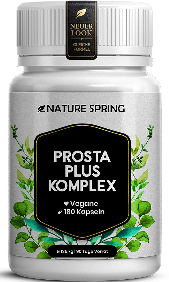 Nature Spring Prosta Plus Komplex Kapseln: Weißer Behälter mit schwarzem Etikett, grünen Blättern und Text.