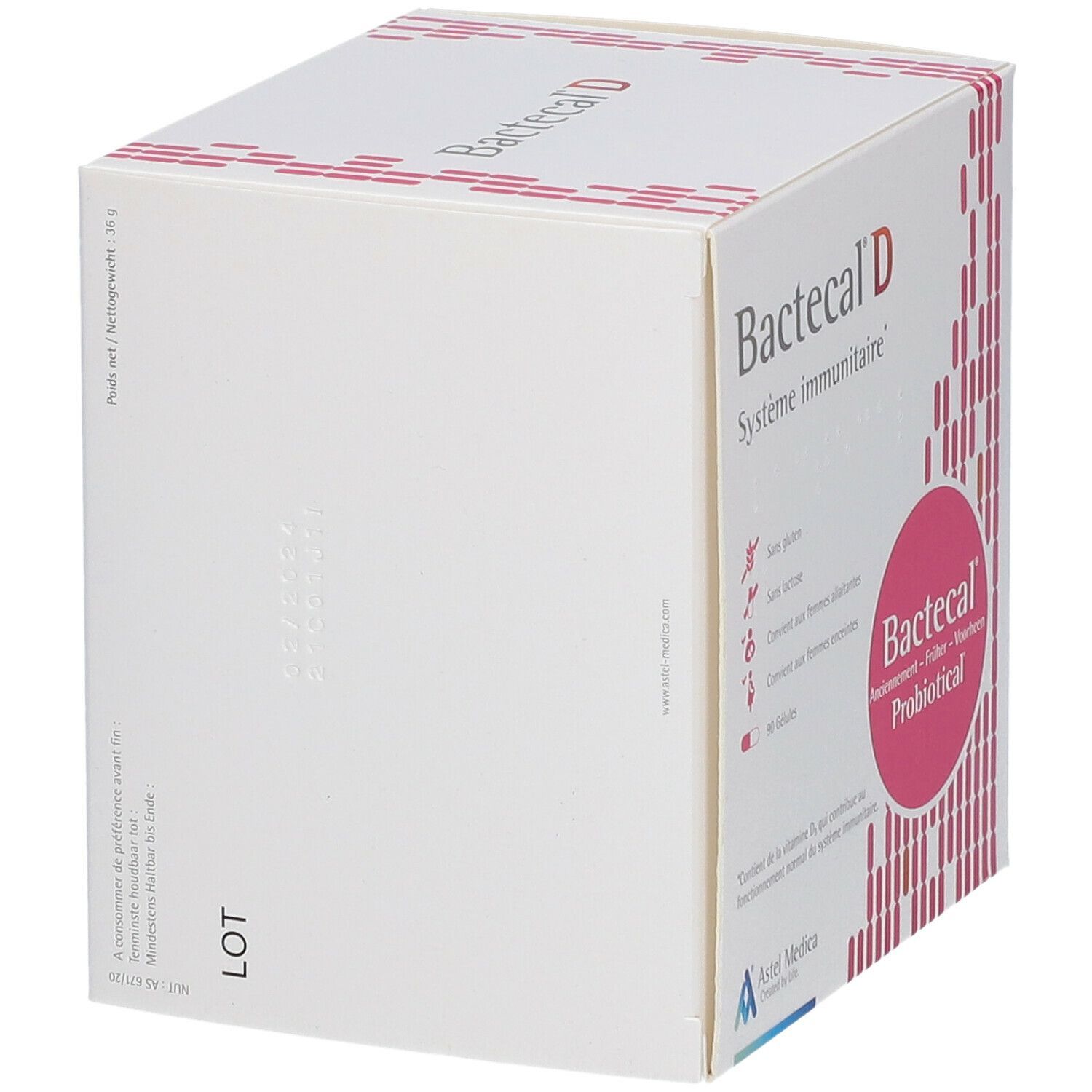 Weißer Karton mit Bactecal D Aufdruck. Rosa Kreis mit Bactecal Probiotical. Text: Système immunitaire.