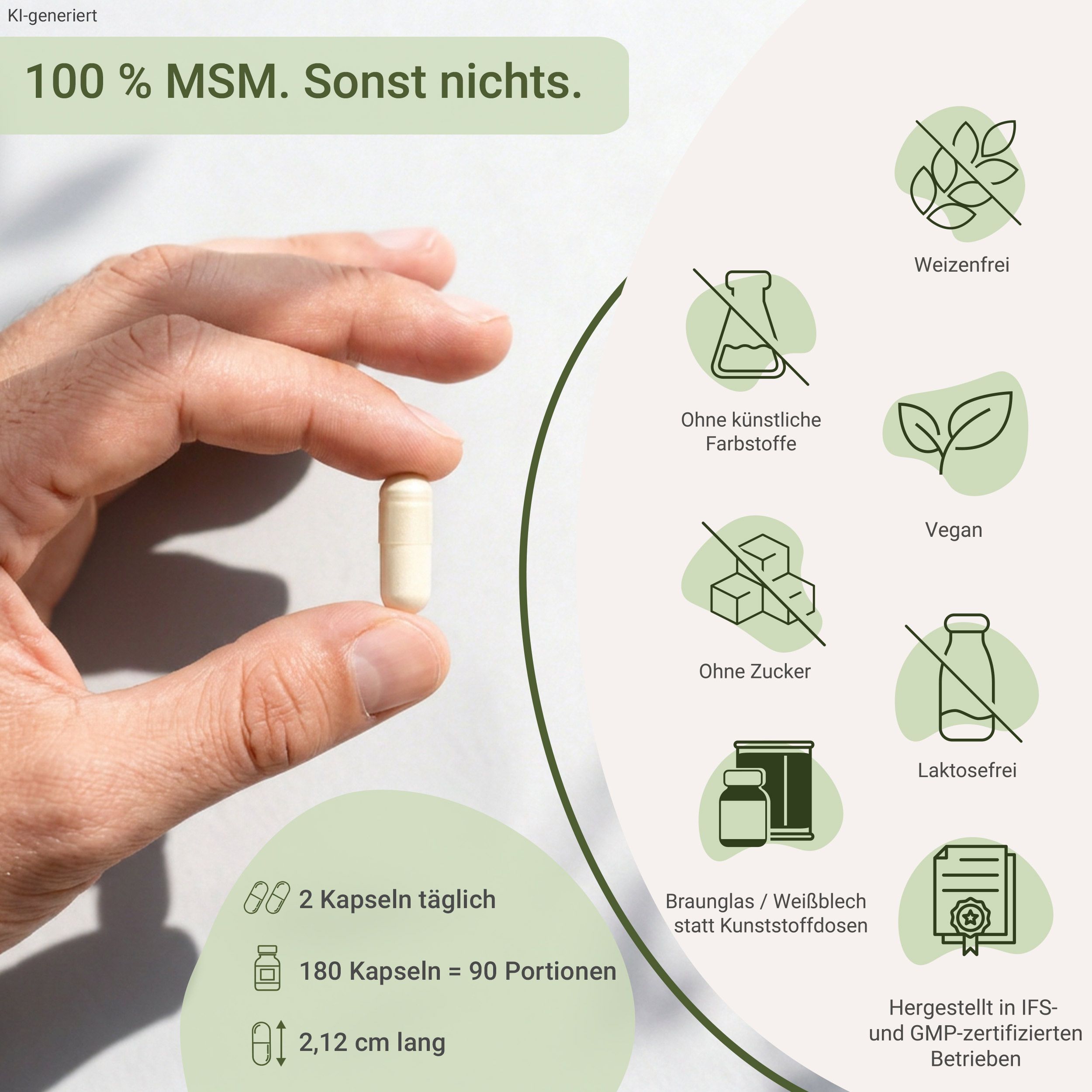 Eine Kapsel mit MSM-Pulver, gehalten von einer Hand. Informationen zu Inhaltsstoffen und Länge.