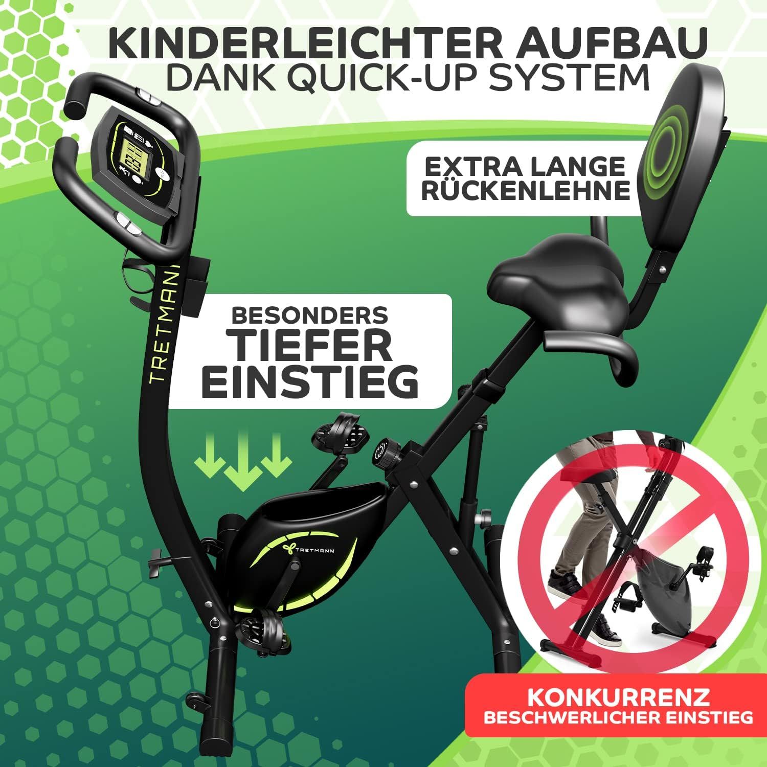 Heimtrainer mit tiefem Einstieg. Text: "Tretmann", "Quick-Up System". Grafik: Kein Einstieg für Konkurrenz.
