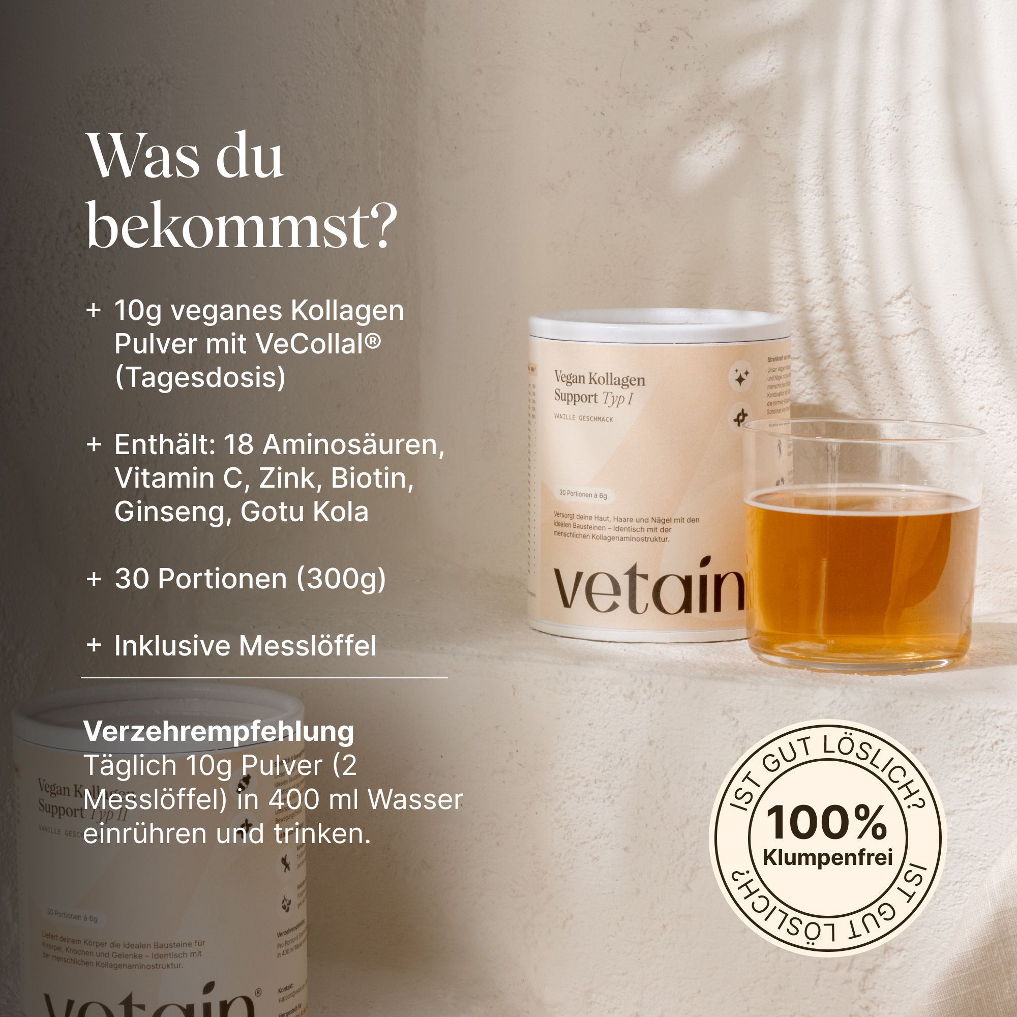 VETAIN Kollagen Pulver Vegan - Mit VeCollal®, Vitamin C, Zink, Biotin & Ginseng - Typ 1