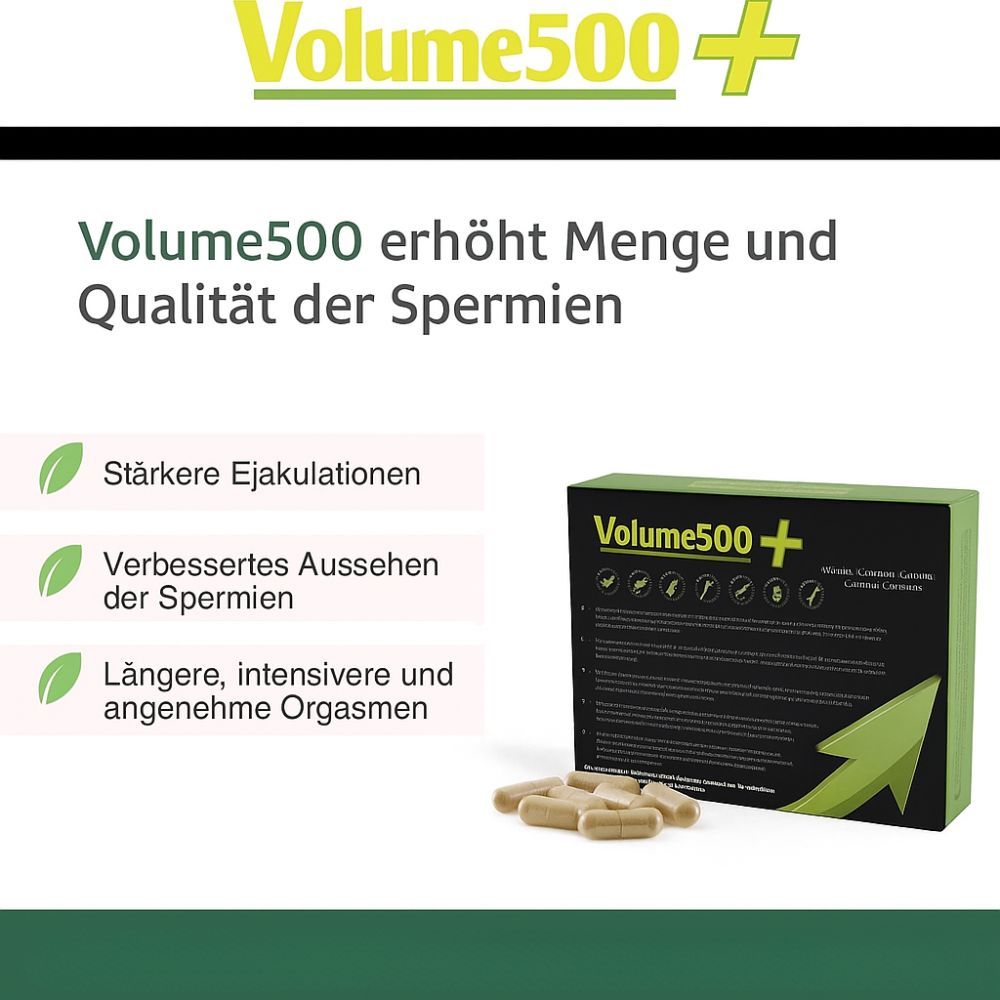 Boîte "Volume500+" avec gélules. Texte: "Volume500 augmente la quantité et la qualité du sperme".