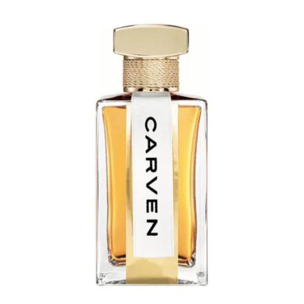 Carven Paris Manille Eau de Parfum Flakon. Goldener Verschluss, klare Flasche mit gelbem Inhalt und weißem Etikett.