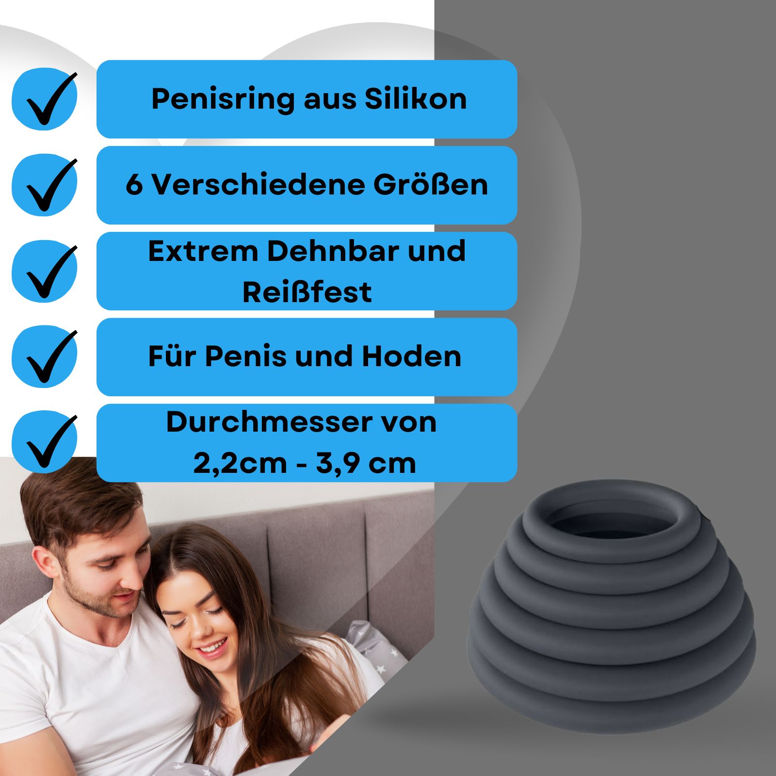 Grauer Silikonring-Turm. Text: Penisring aus Silikon, 6 Größen, dehnbar. Paar im Bett.