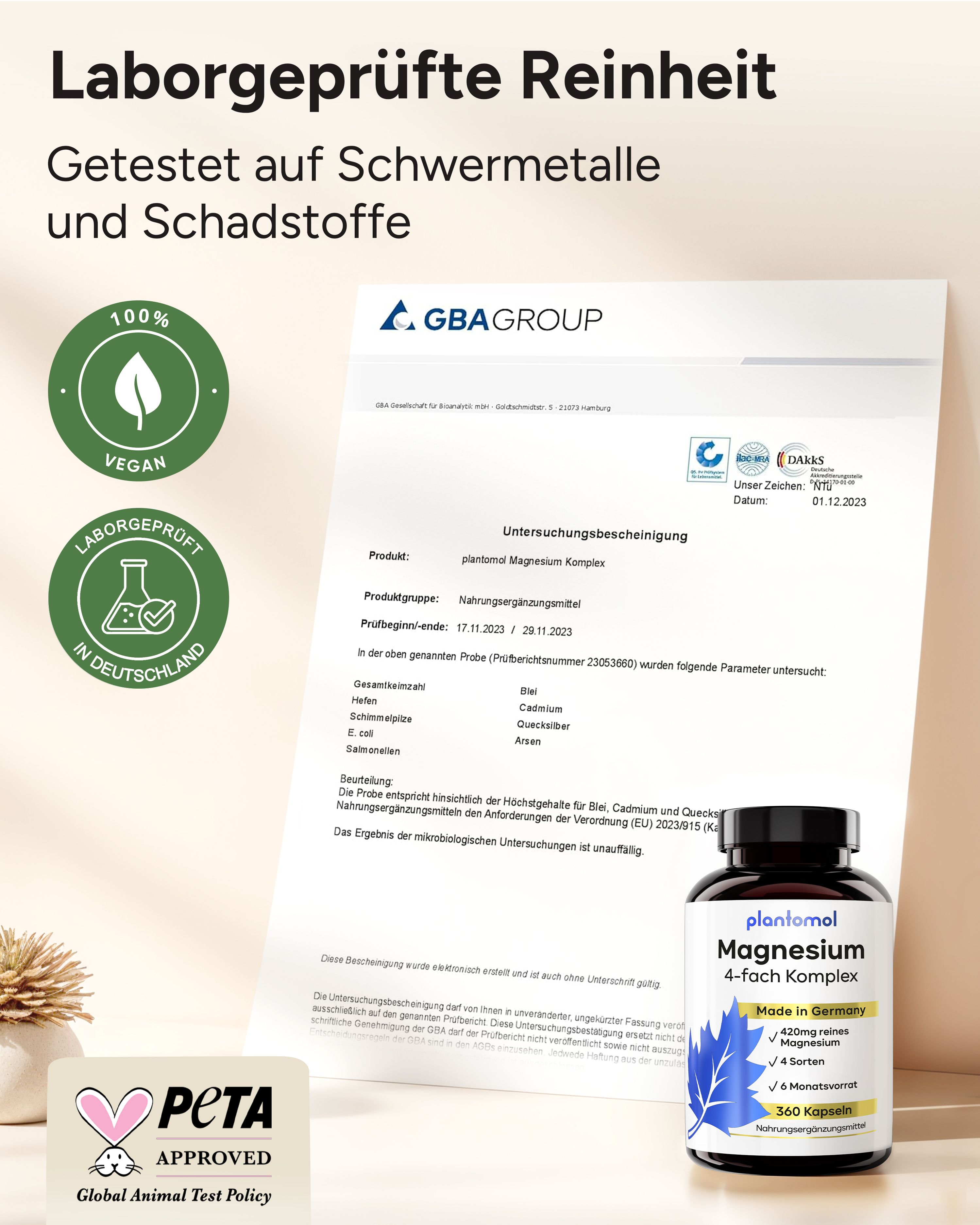 Laborgeprüfte Reinheit. Vegan, Laborgeprüft in Deutschland. PETA-Logo. plantomol Magnesium Komplex Flasche.