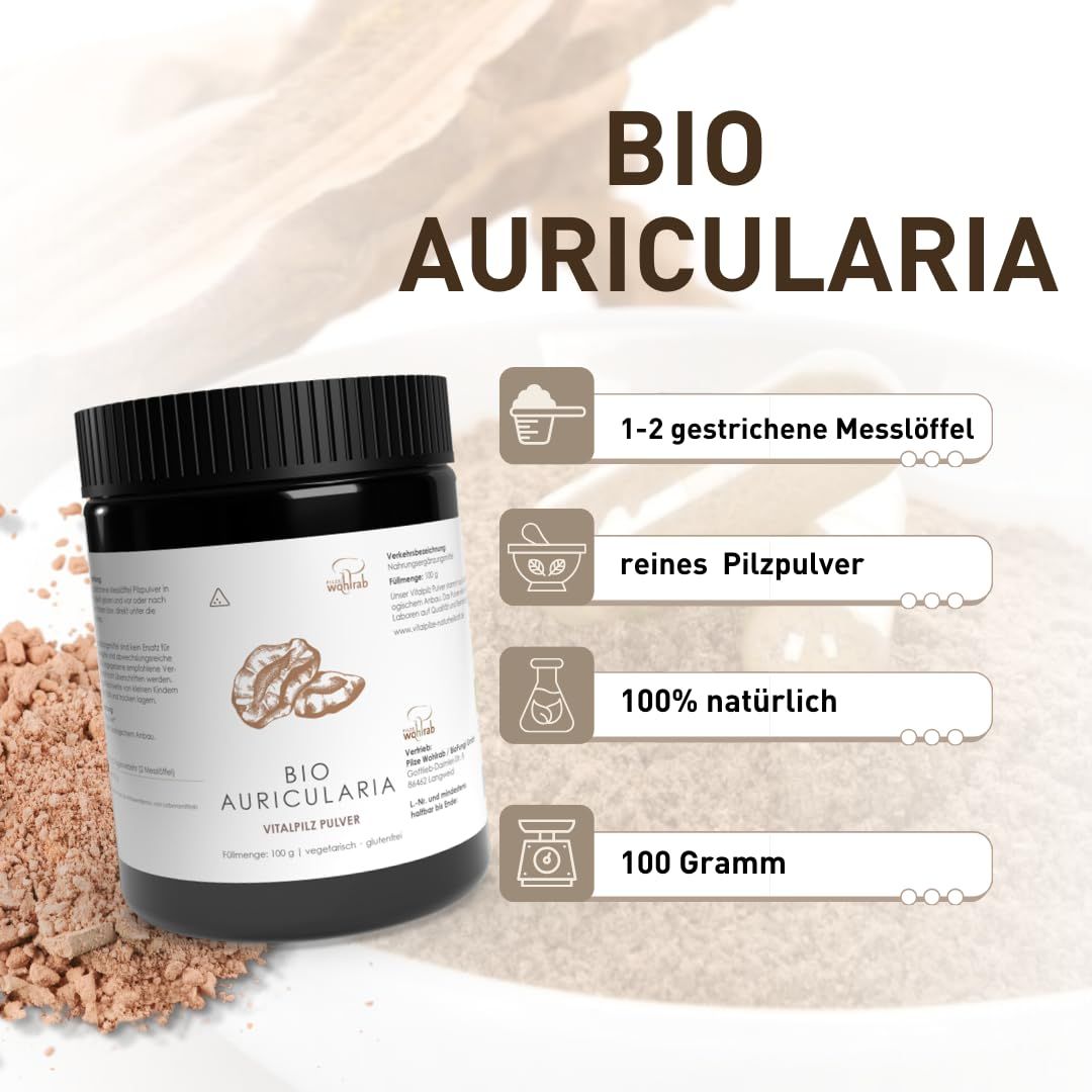 BIO Auricularia. Aufschrift: 1-2 gestrichene Messlöffel, reines Pilzpulver, 100% natürlich, 100 Gramm. Dose und Pulver.