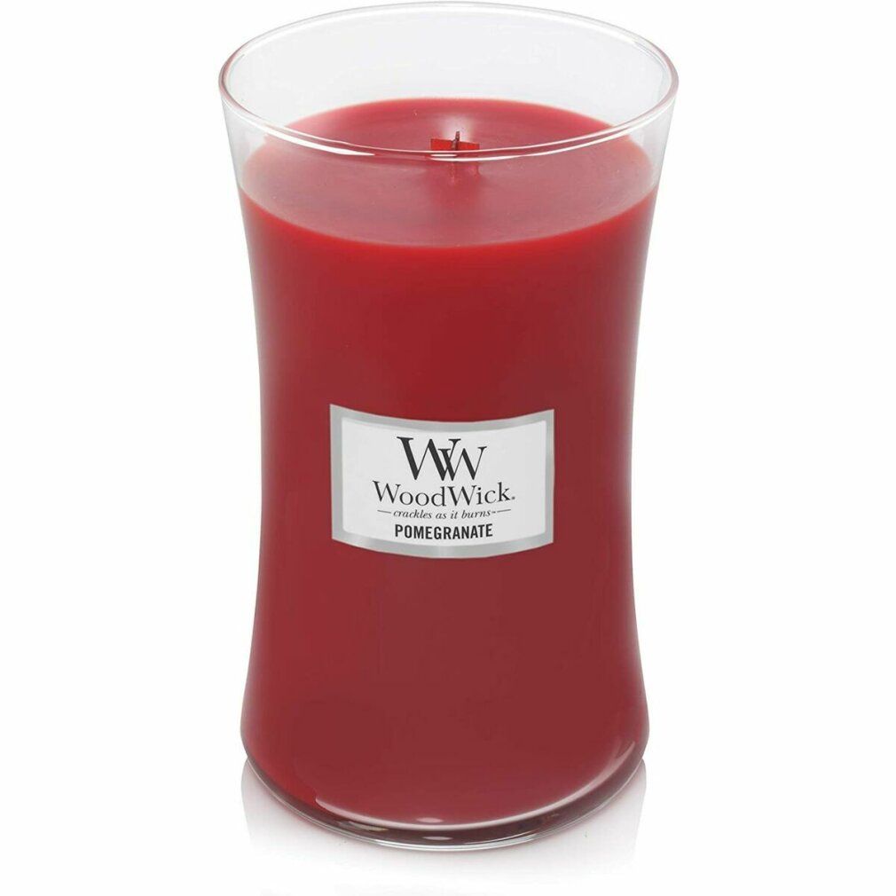 Rote Kerze im Glas. Aufkleber mit "WoodWick" und "Pomegranate".