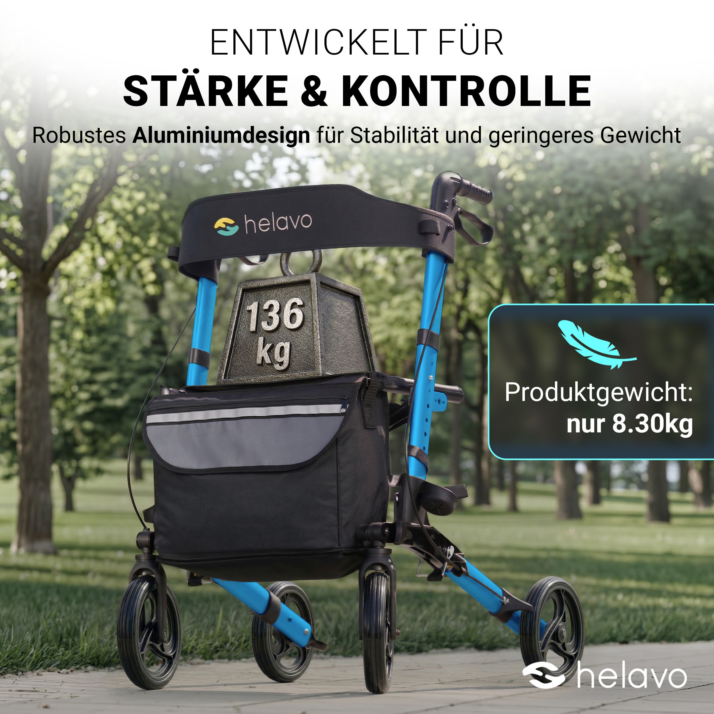 Helavo Aluminium Rollator faltbar mit Sitzfläche und Reisetasche leicht 8,3kg