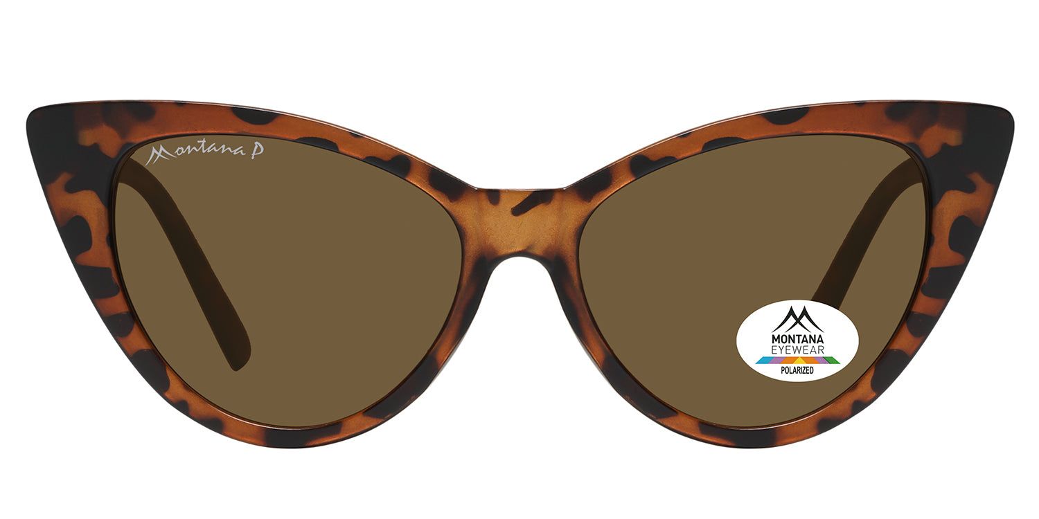 Sonnenbrille mit braunen Gläsern und braun-gemustertem Rahmen. Montana Eyewear Logo auf dem Glas und Bügel.