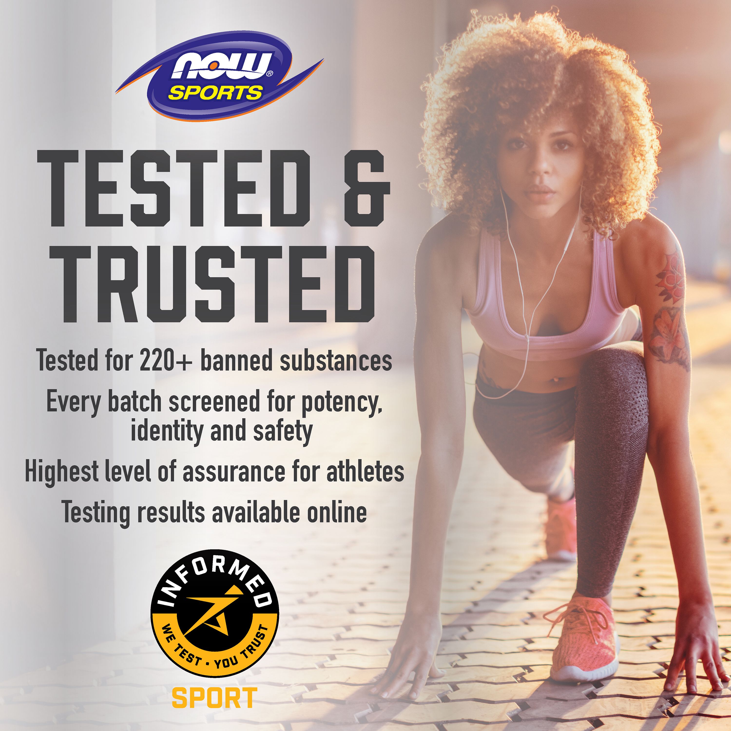 Sportlerin in Startposition, mit Text "Tested & Trusted" und "Informed Sport" Logo.