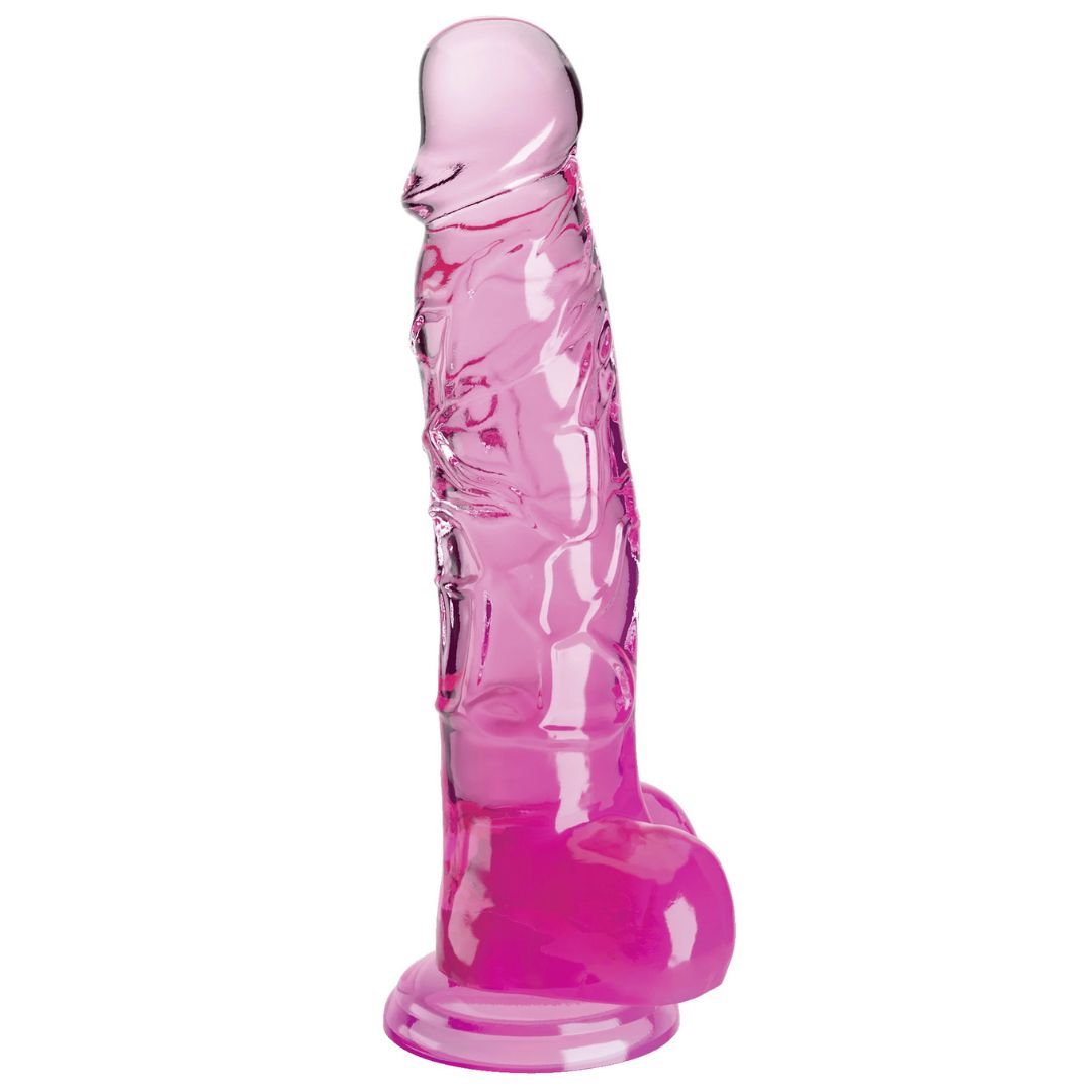 Dildo trasparente rosa con ventosa. Superficie scanalata. Su sfondo chiaro.