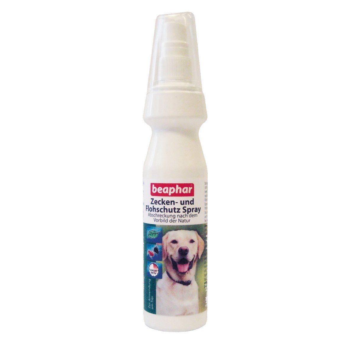Weiße Sprühflasche mit Beaphar-Etikett. Text: Zecken- und Flohschutz Spray. Abbildung eines Hundes.