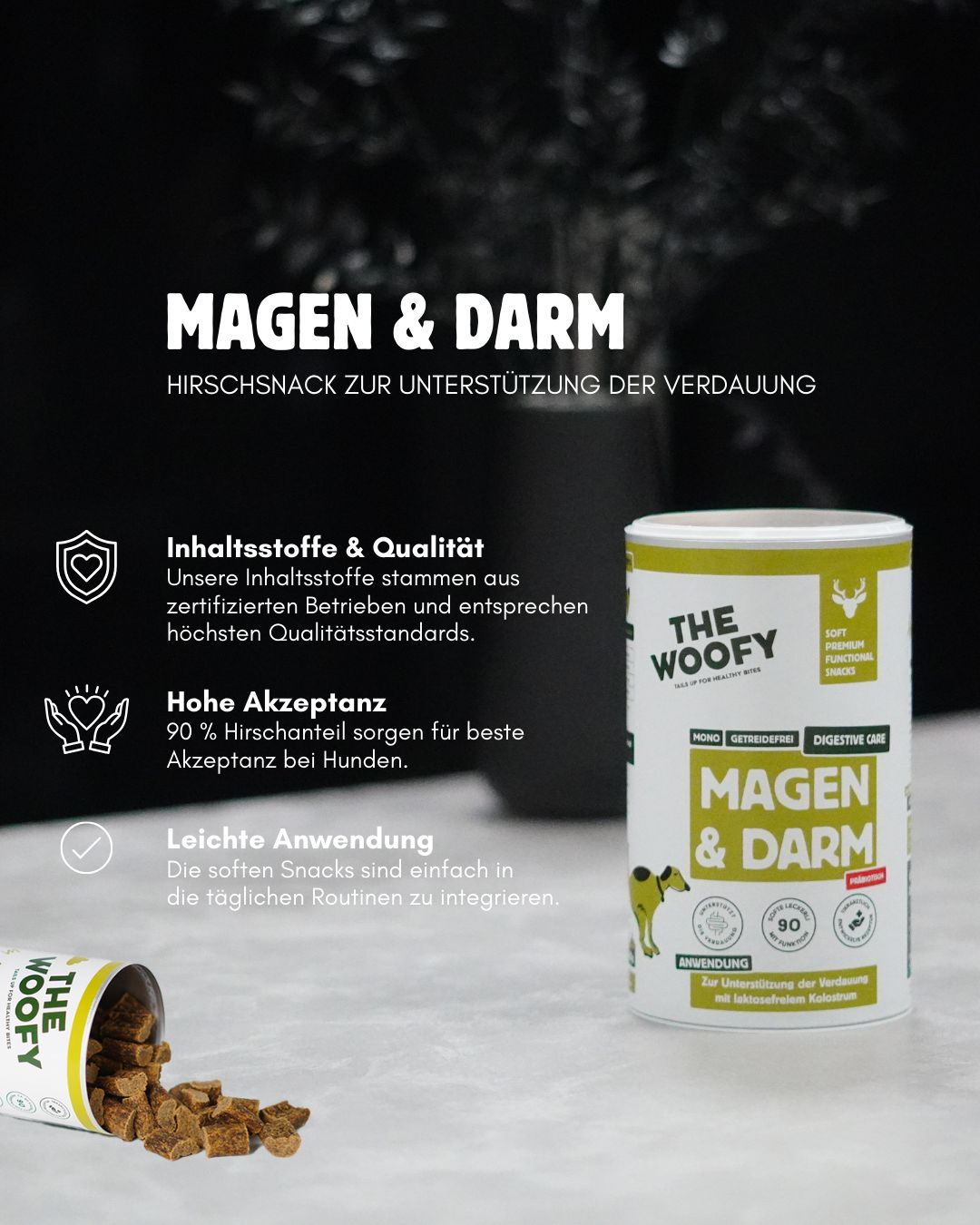 Dose "THE WOOFY" neben Snacks. Text "Magen & Darm". Dose und Snacks auf dunklem Hintergrund.