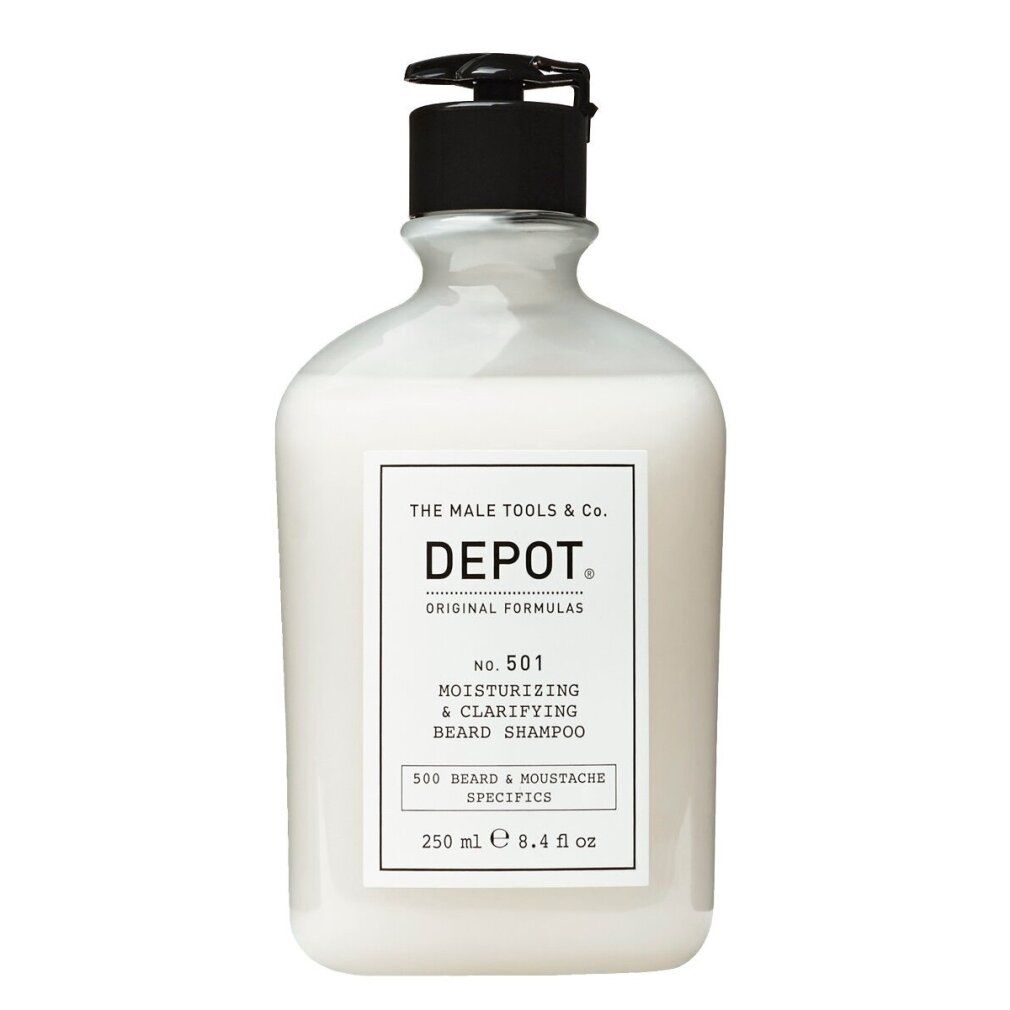 Behälter mit Depot 501 Bartshampoo. Weißes Etikett mit Produktinformationen. Schwarzer Pumpverschluss.