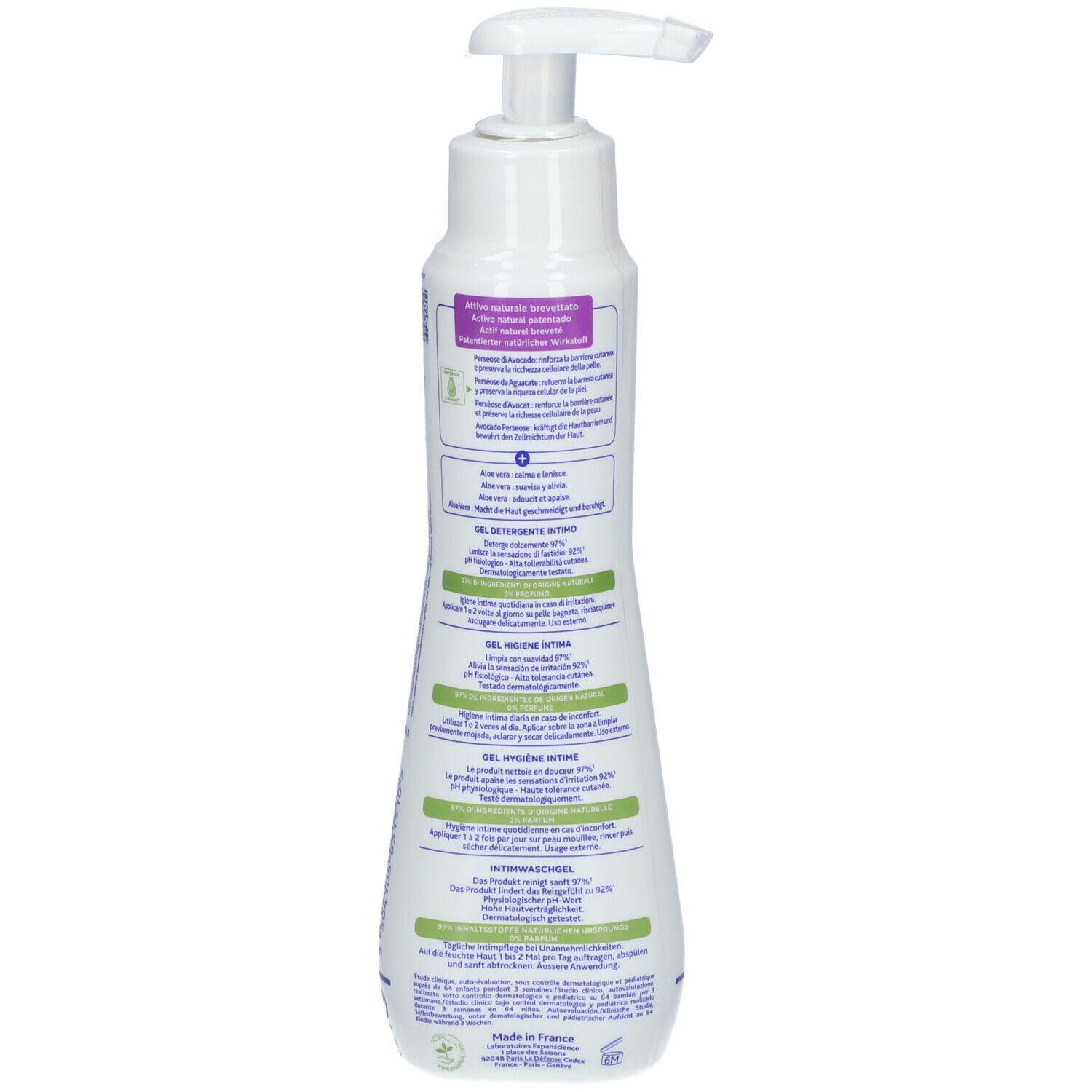 Vista posteriore di un flacone bianco con dosatore a pompa. Testo multilingue. Logo Mustela.