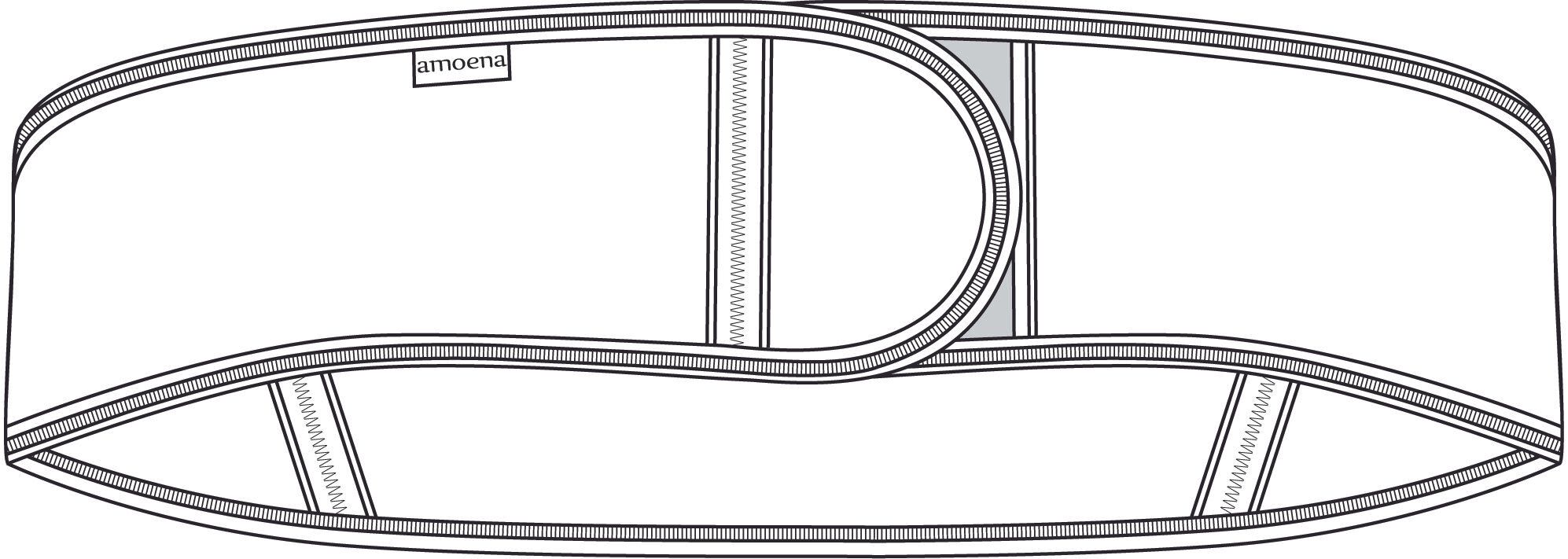 Weißer Kompressions-Gürtel mit Logo. Geschwungene Form mit Nähten. Detailansicht.