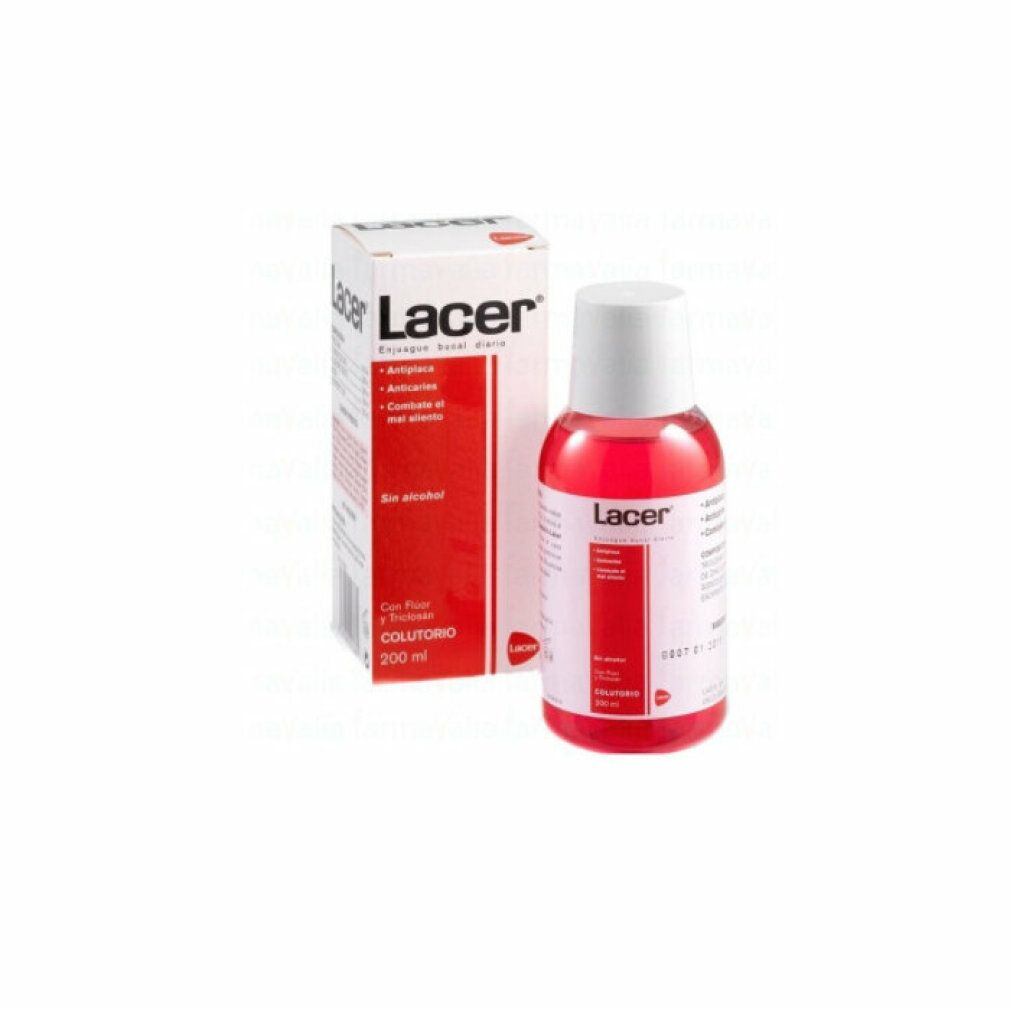 Rote Mundspülung und Karton. Aufschrift: Lacer, Cuidado bucal. Enthält Fluorid. 200 ml.