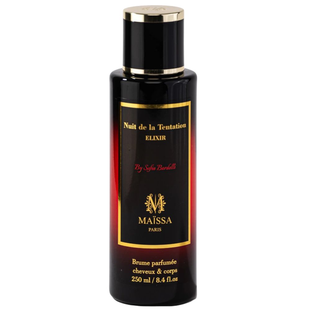 Dunkle Flasche mit schwarzem Deckel und goldfarbenen Akzenten. Aufschrift: Nuit de la Tentation Elixir, Marke Maïssa Paris.
