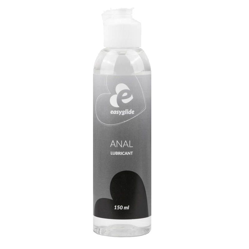 Transparente Flasche mit weißem Deckel. Aufdruck: Easyglide, Anal Lubricant, 150 ml.