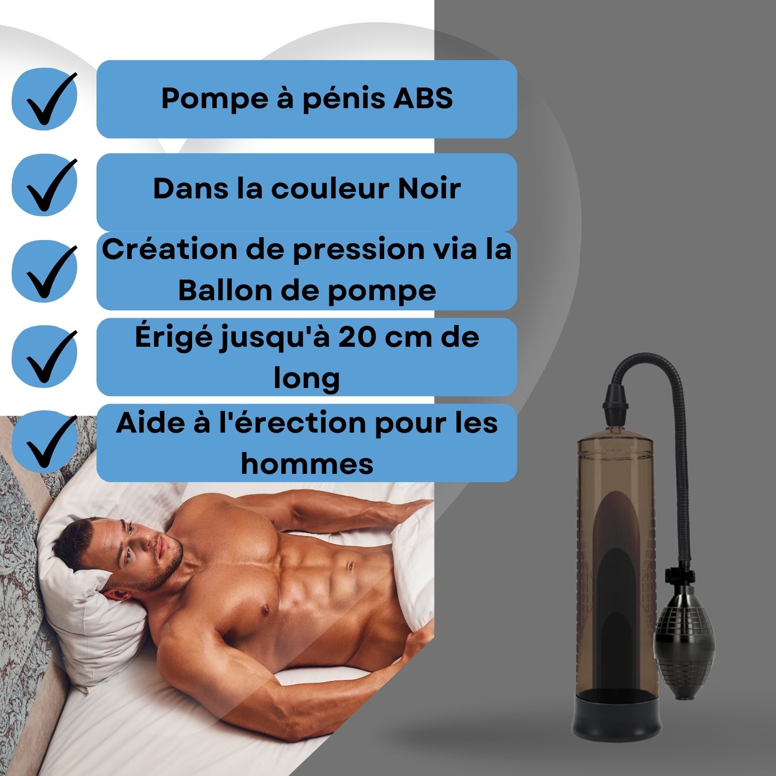 Image avec texte: Pompe à pénis ABS, noire, pression via poire, jusqu'à 20 cm, aide à l'érection.