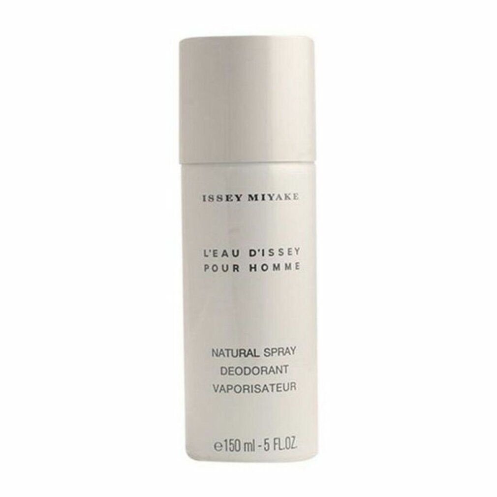 Weißer Deodorant-Spray mit weißem Deckel. Text: Issey Miyake, L'Eau d'Issey Pour Homme, Natural Spray, Deodorant, Vaporisateur.