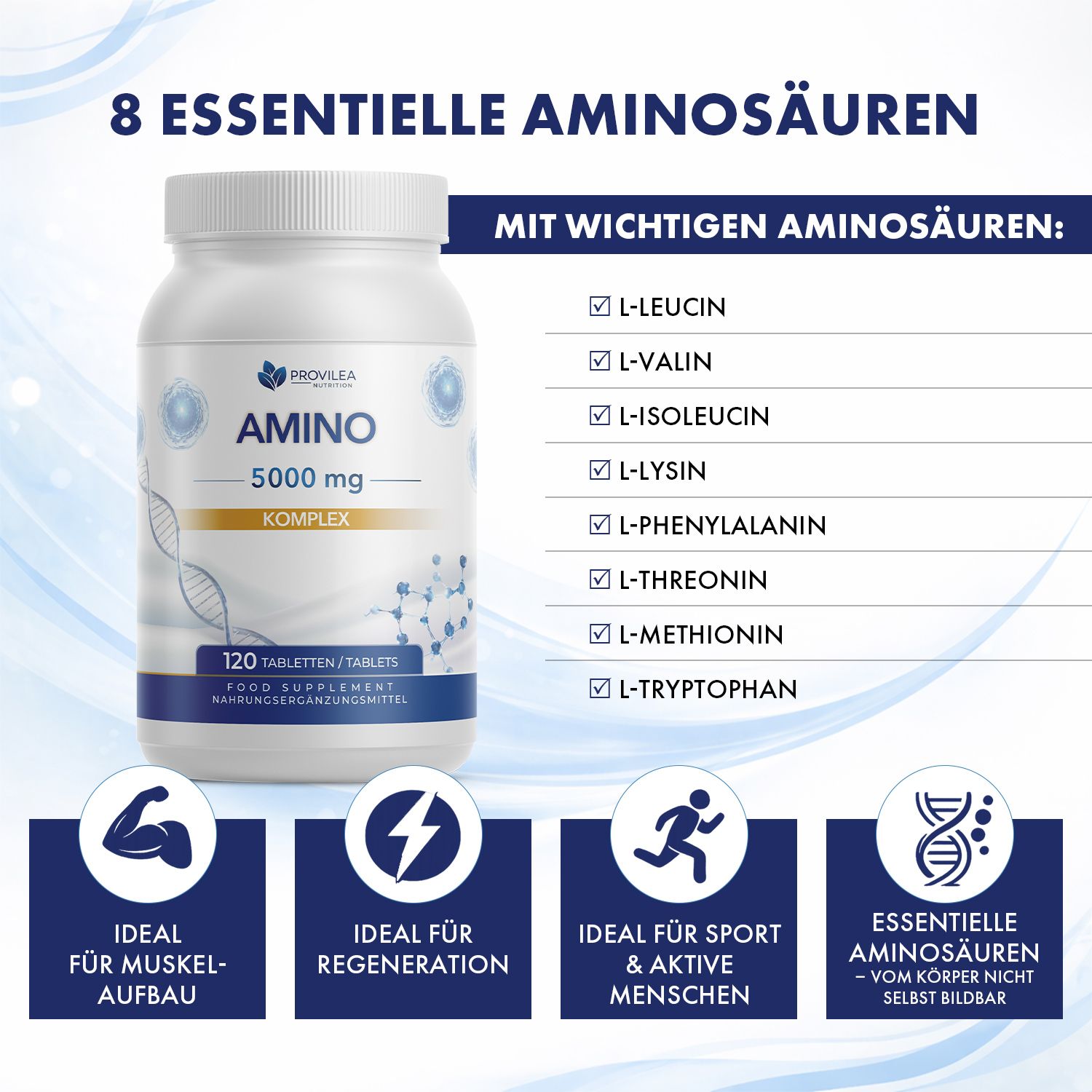 Flasche AMINO KOMPLEX. Text: 8 essentielle Aminosäuren. L-Leucin, L-Valin, L-Isoleucin, L-Lysin, L-Phenylalanin, L-Threonin, L-Methionin, L-Tryptophan.