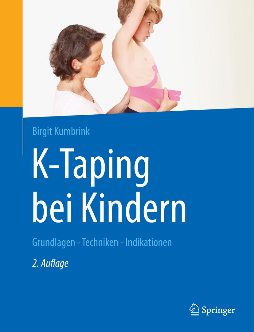 Buchcover: K-Taping bei Kindern. Titel, Autorin, und Verlag Springer. Kind mit rosa Tape am Rücken, Therapeutin daneben.
