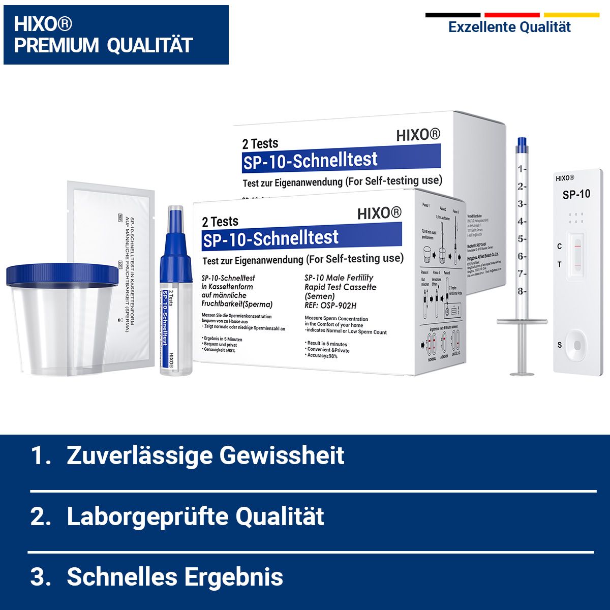 HIXO SP-10 Schnelltest. Testkassette, Fläschchen, Behälter, Spritze. Verpackung mit 2 Tests. Text: HIXO Premium Qualität, 1. Zuverlässige Gewissheit.
