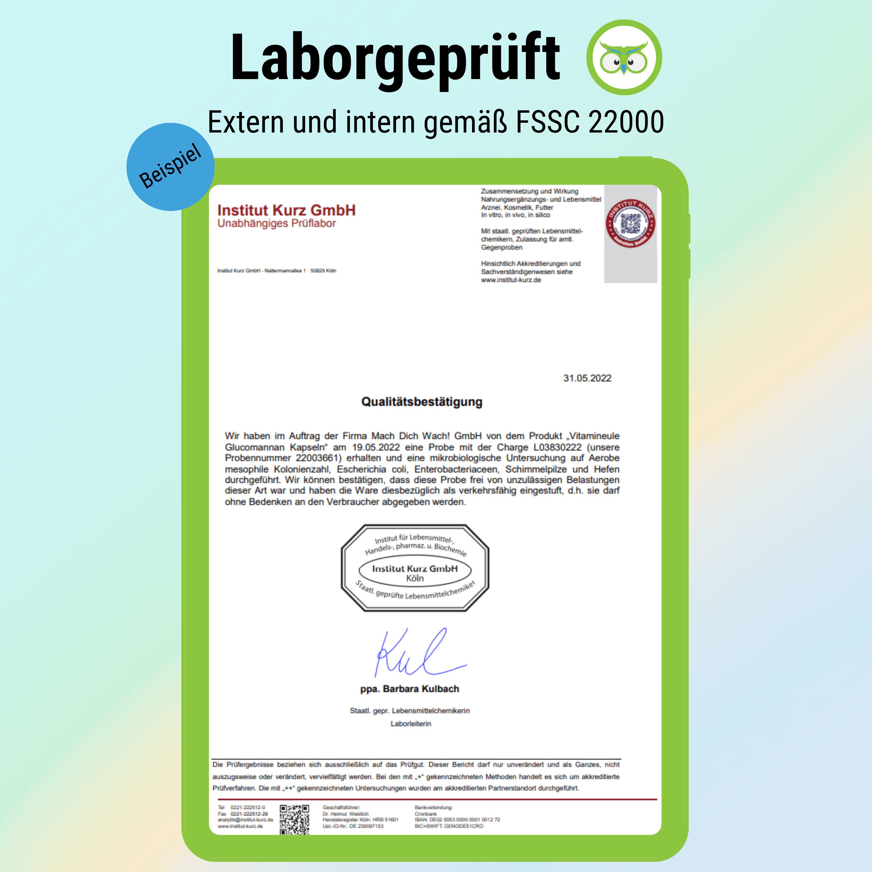 Zertifikat der Firma Mach Dich Wach GmbH. Unabhängiges Prüflabor. FSSC 22000. Unterschrift Barbara Kulbach.