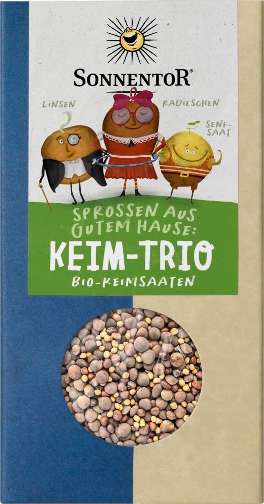 SonnentoR Keim-Trio Bio Keimsaaten, Kartonverpackung mit Sichtfenster und Illustration.