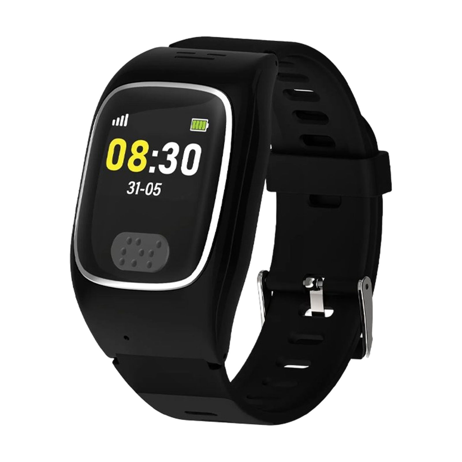 Schwarze Smartwatch mit digitaler Anzeige: Uhrzeit 08:30, Datum 31-05. Mit schwarzem Armband und silberner Schnalle.