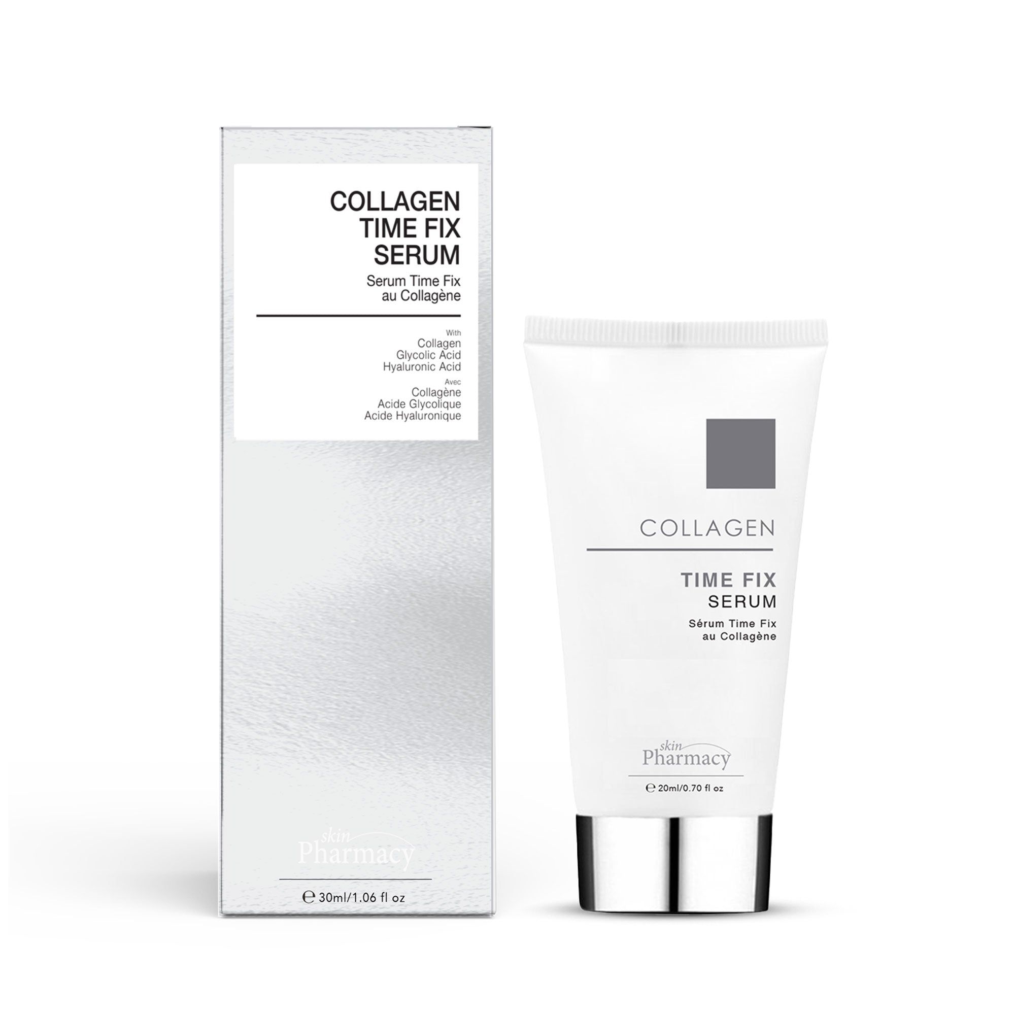 Produktverpackung mit Tube und Schachtel. Aufschrift: Collagen Time Fix Serum. Marke: skinPharmacy. Volumen: 30ml/1.06 fl oz.