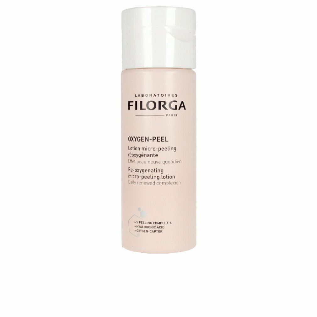 Rosa Flasche mit weißem Deckel. Aufschrift FILORGA, Oxygen-Peel. Micro-Peeling Lotion. Re-oxygenating.