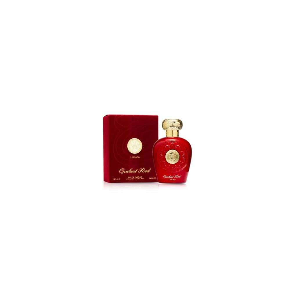 Roter Flakon und Verpackung. Goldfarbener Deckel. Aufschrift: Opulent Red, Lattafa.