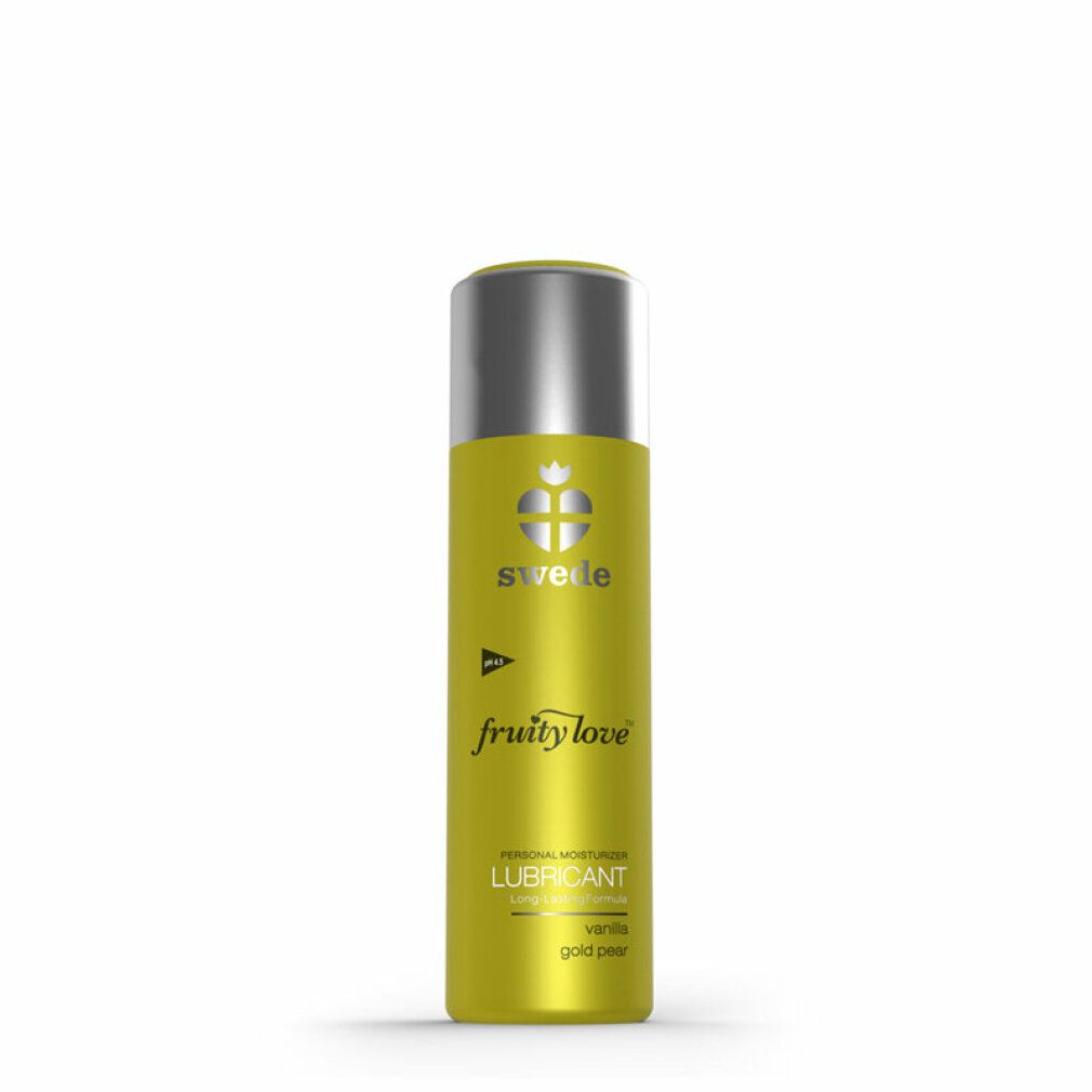 Gelbe Flasche mit silbernem Deckel. Aufschrift: Swede, fruity love, Lubricant, Vanille Gold Pear.