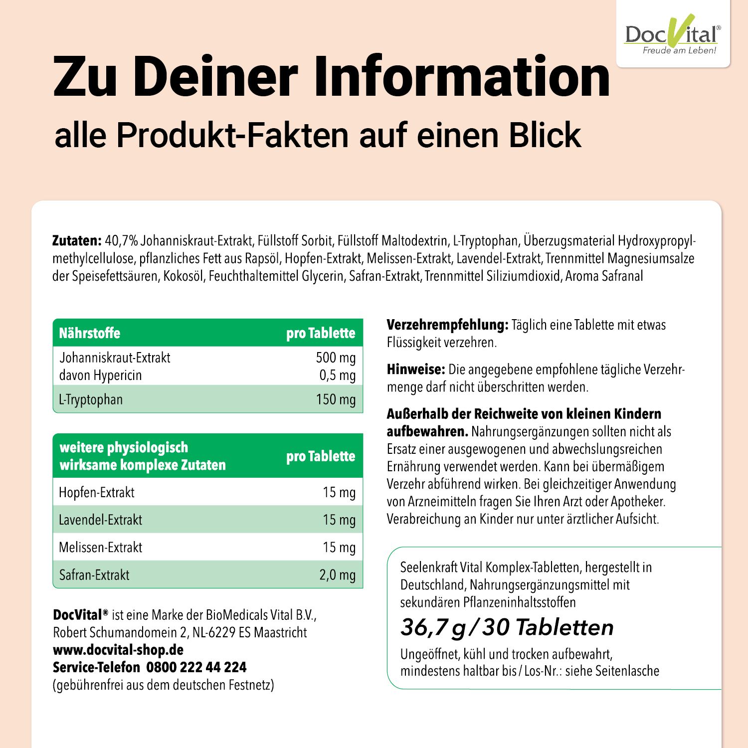 Produktinformationen: Inhaltsstoffe, Nährstoffe, Verzehrempfehlung. Text: 36,7 g / 30 Tabletten. Logo: DocVital.