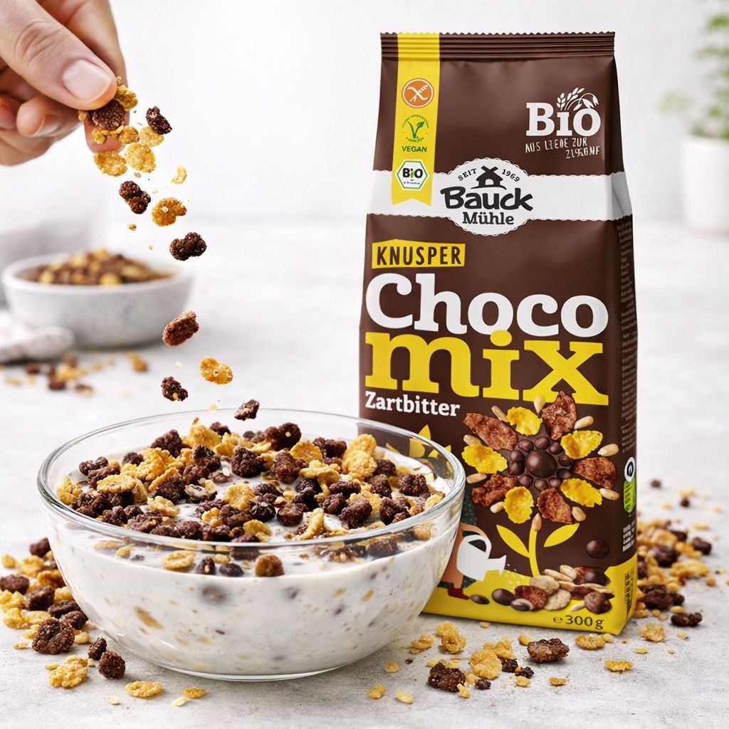 Bauckhof Knusper Choco Mix Zartbitter, glutenfreies Müsli in brauner Verpackung mit Igel-Illustration.