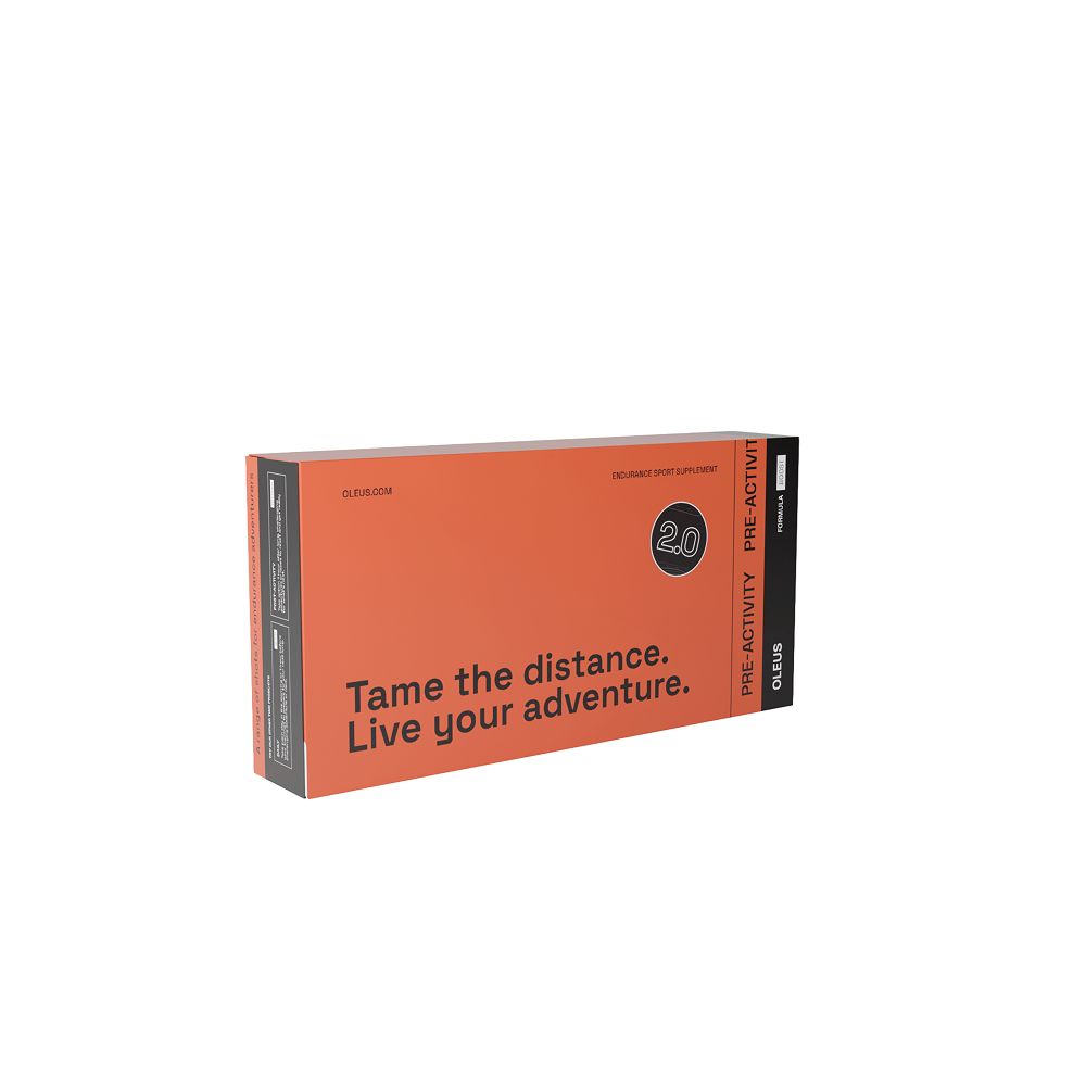 Orangefarbene Produktverpackung mit Text. Produktname OLEUS. Schwarzer Streifen mit Text. Runde 2.0-Grafik.