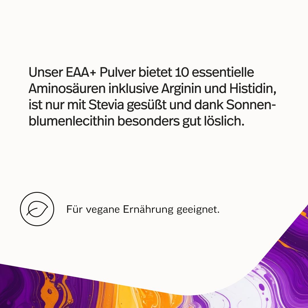 edubily EAA+ Pulver: 10 essentielle Aminosäuren, mit Stevia gesüßt, gut löslich dank Sonnenblumenlecithin. Geeignet für vegane Ernährung.