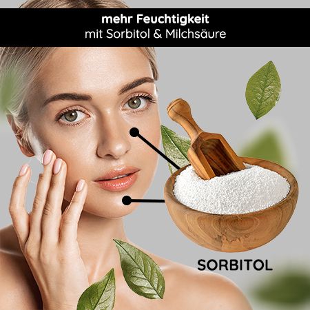 Schüssel mit Sorbitol, Frau mit Gesicht, Blätter. Text: Mehr Feuchtigkeit mit Sorbitol & Milchsäure.